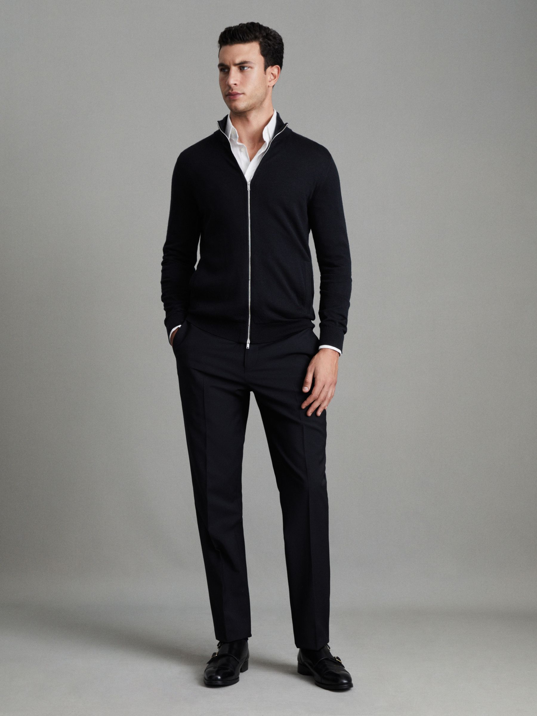 Merino Wool Zip-Through Cardigan in Black - Image 3 of 6