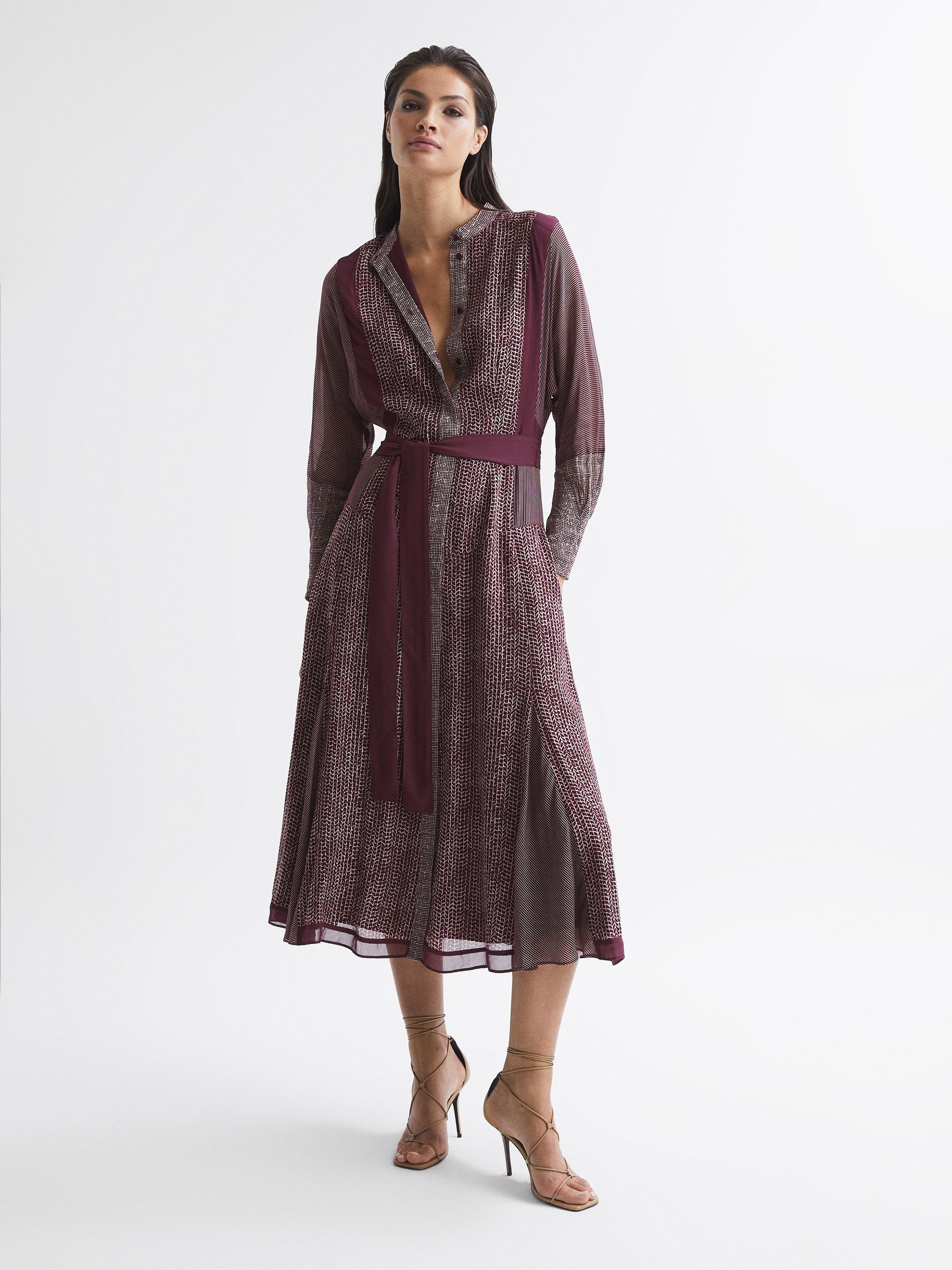 Mixed Print Midi Dress in Burgundy - Image 3 of 7