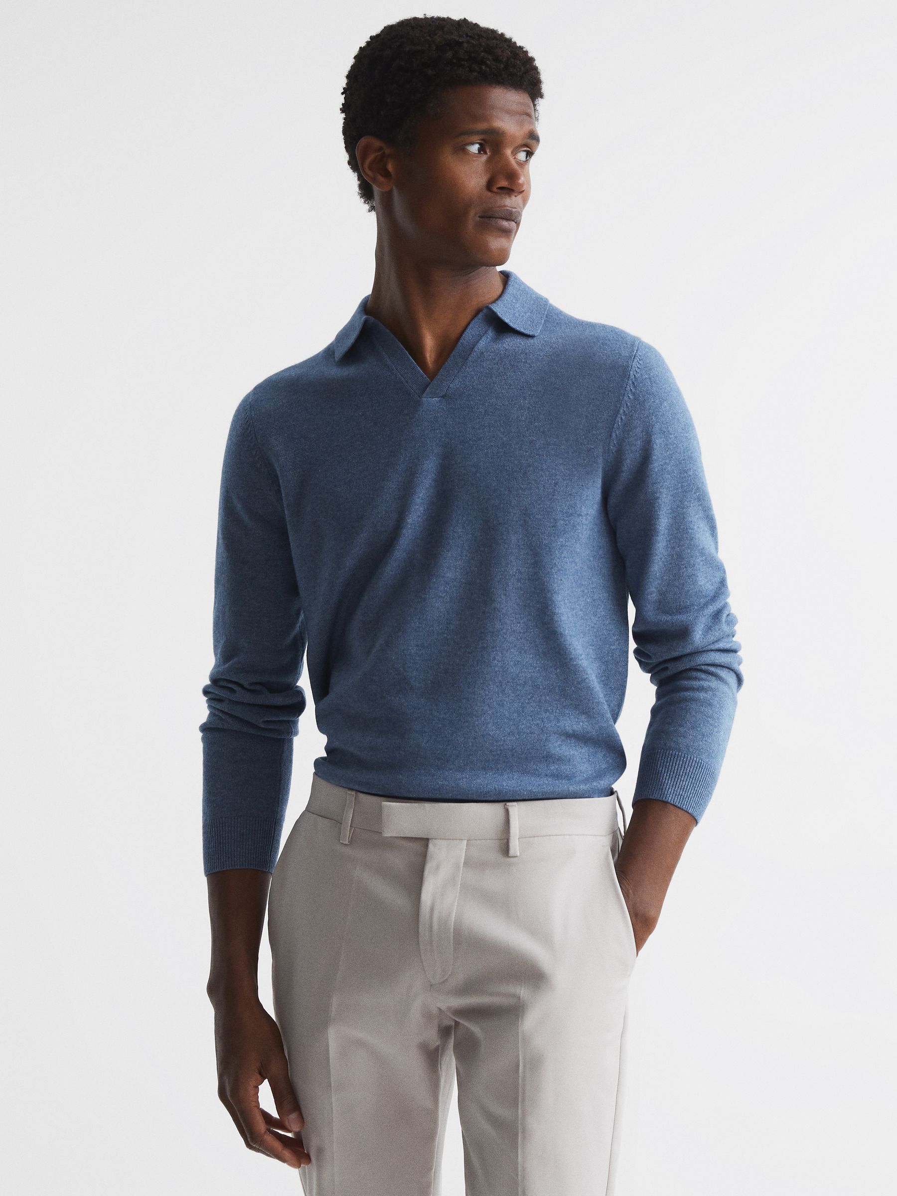 Wool Blend Open Collar Polo Shirt in Denim Melange - Image 1 of 6