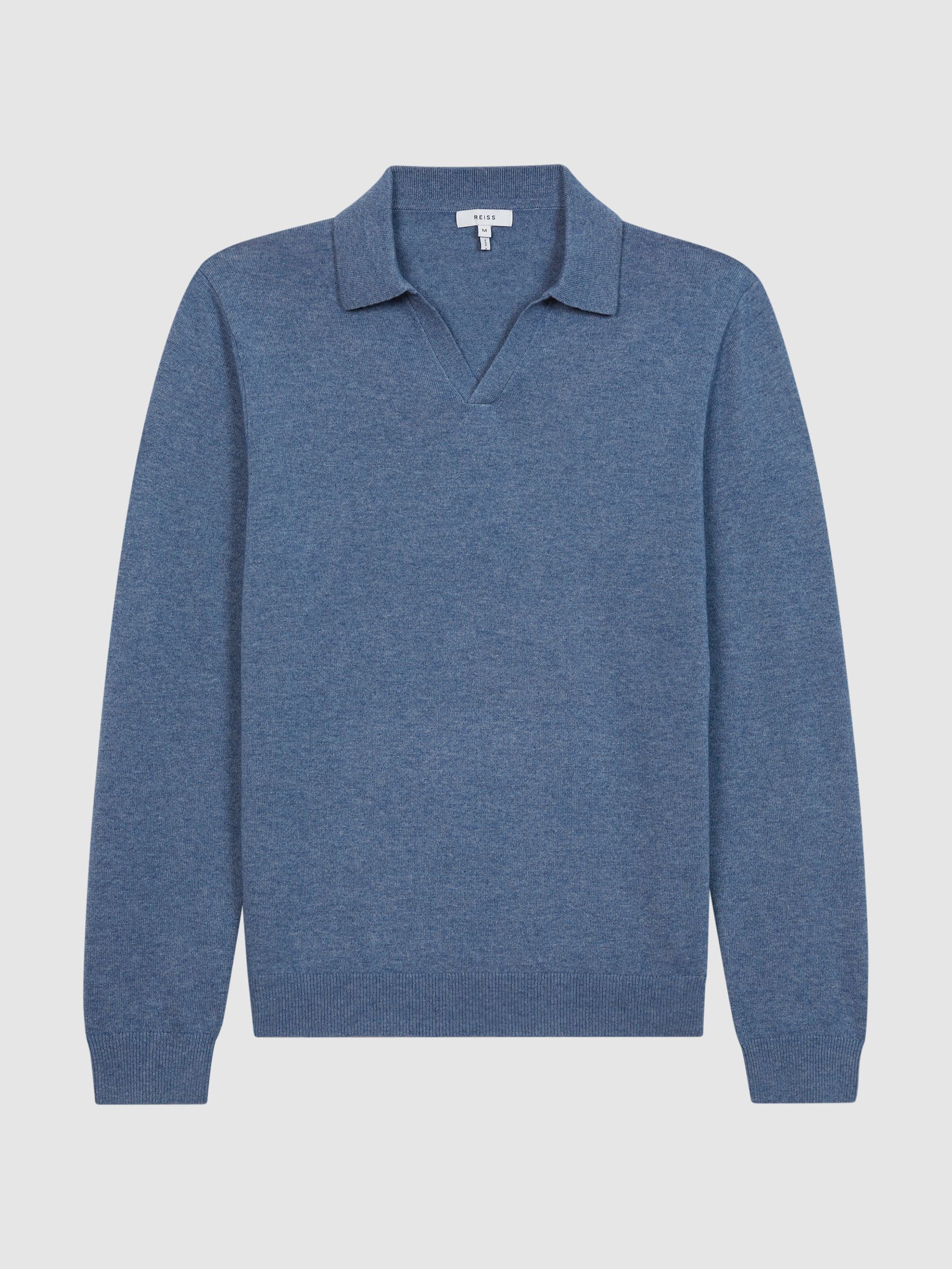 Wool Blend Open Collar Polo Shirt in Denim Melange - Image 2 of 6