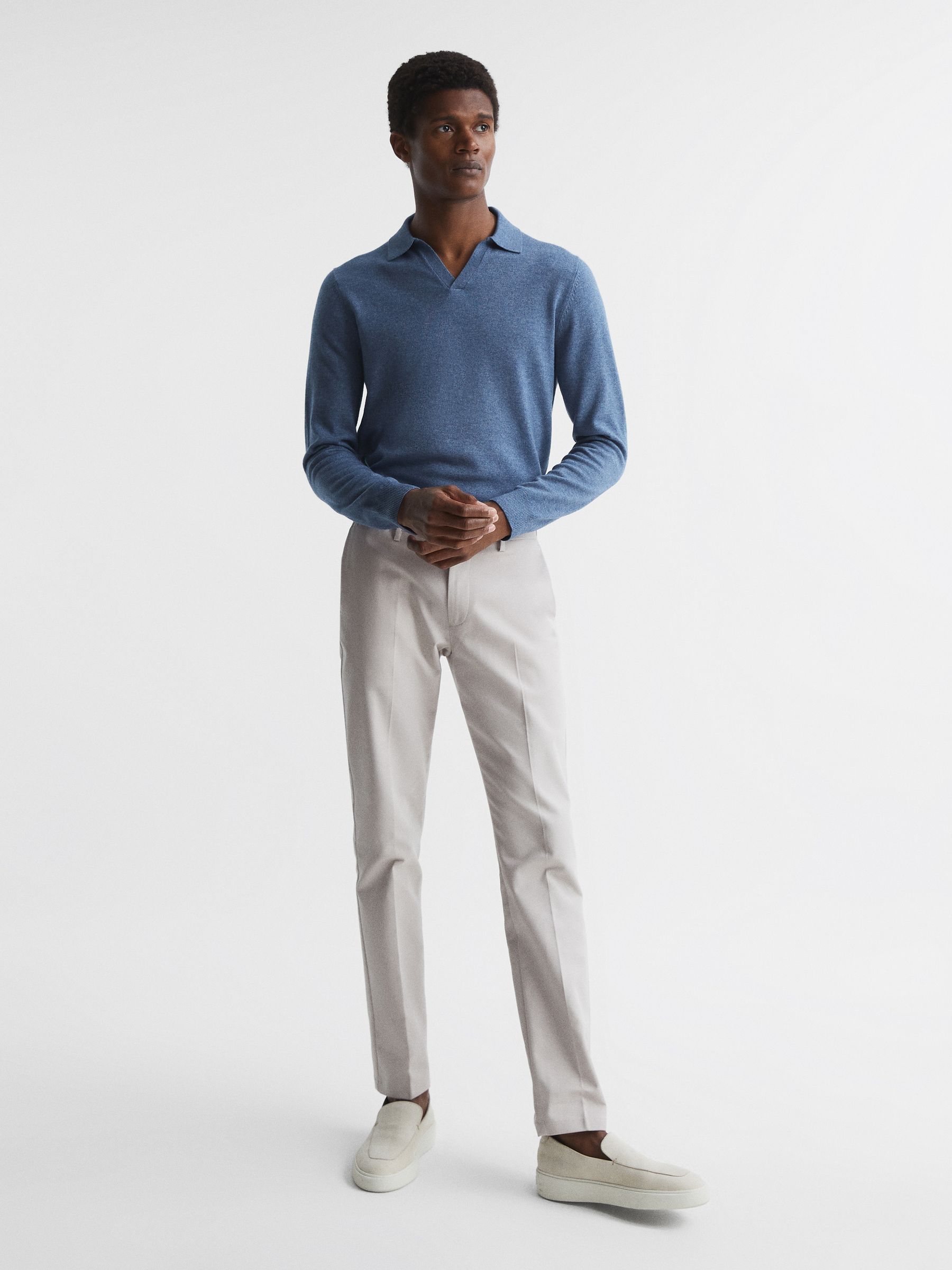 Wool Blend Open Collar Polo Shirt in Denim Melange - Image 3 of 6