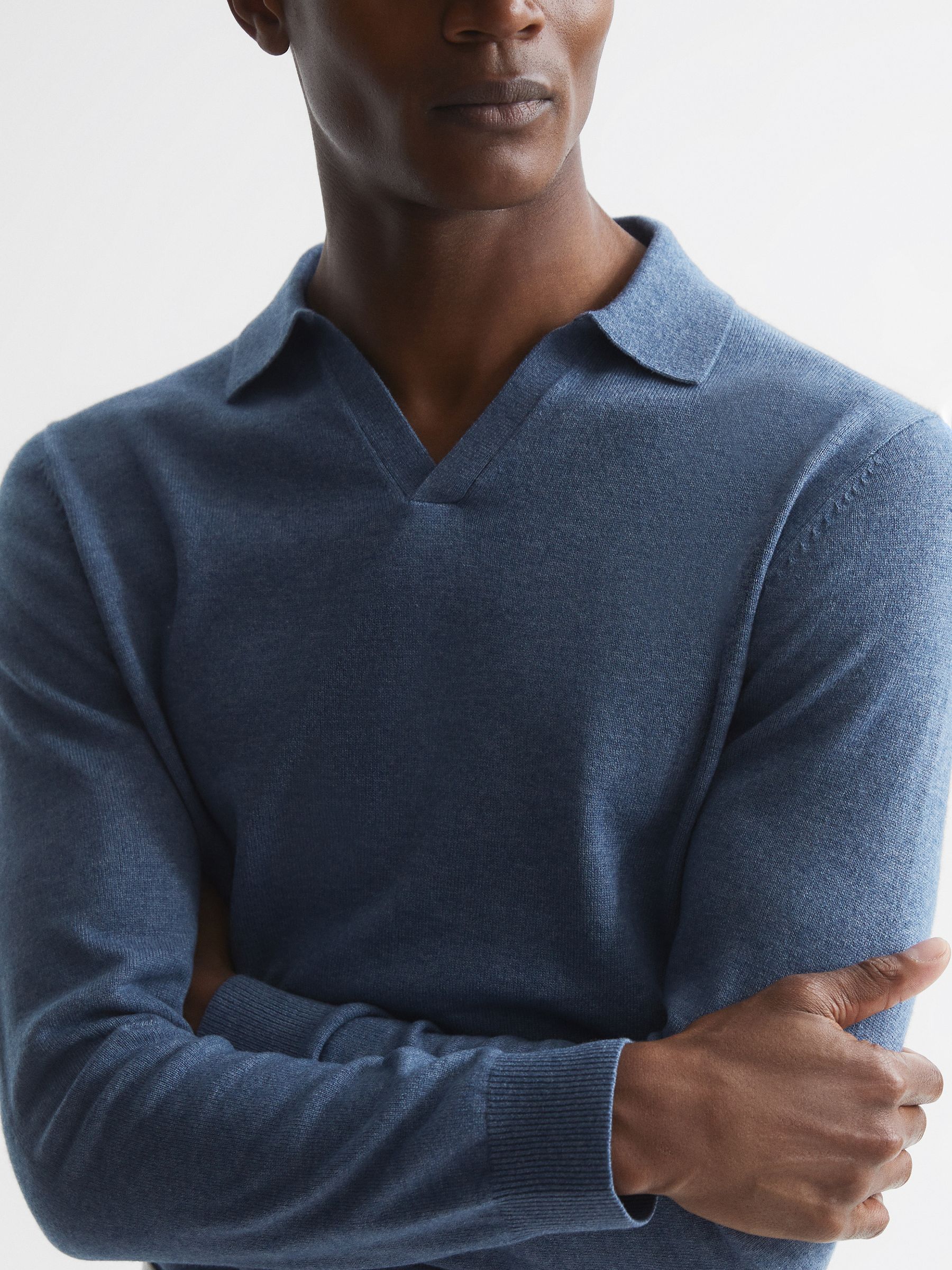 Wool Blend Open Collar Polo Shirt in Denim Melange - Image 4 of 6