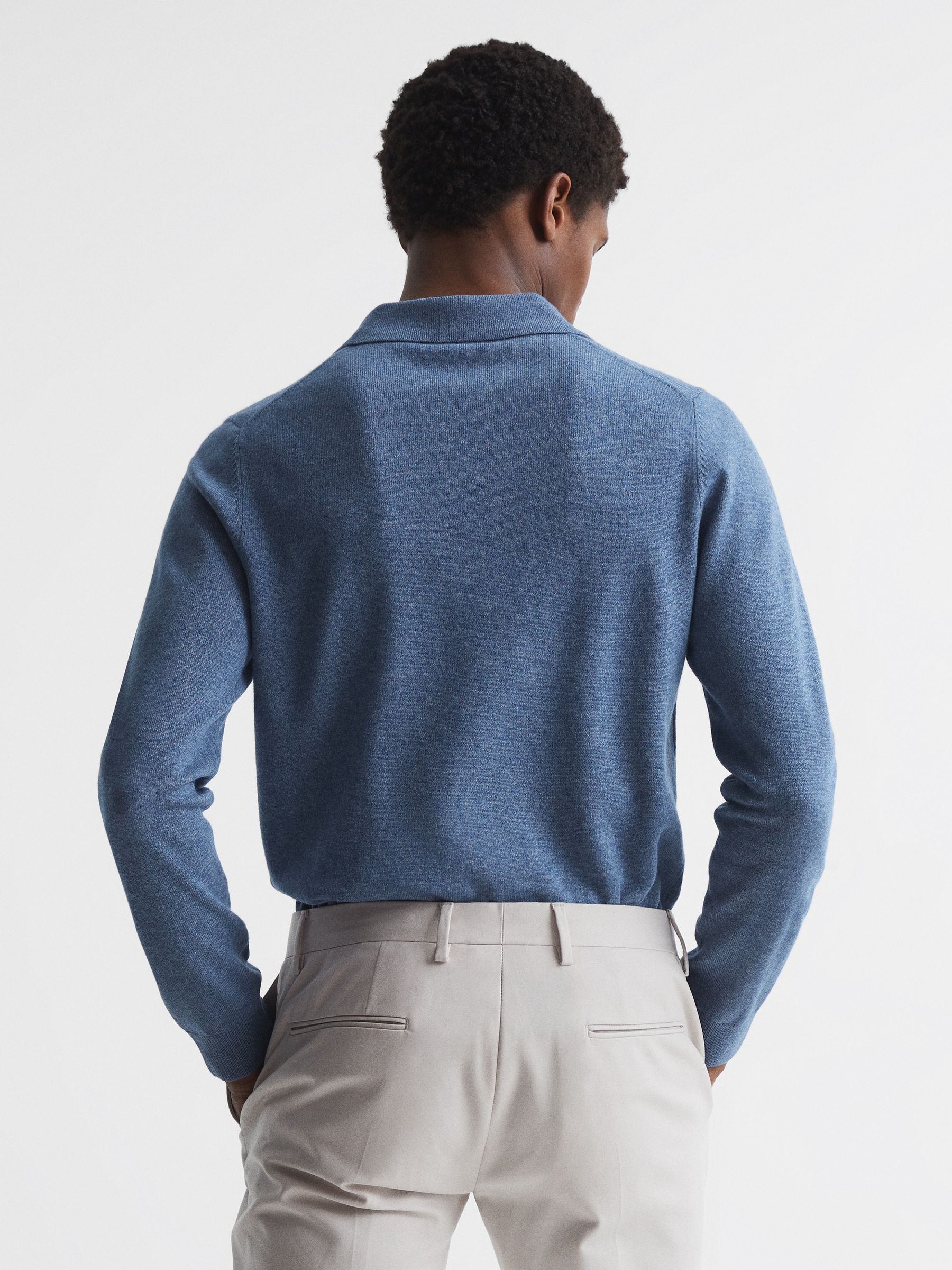 Wool Blend Open Collar Polo Shirt in Denim Melange - Image 5 of 6