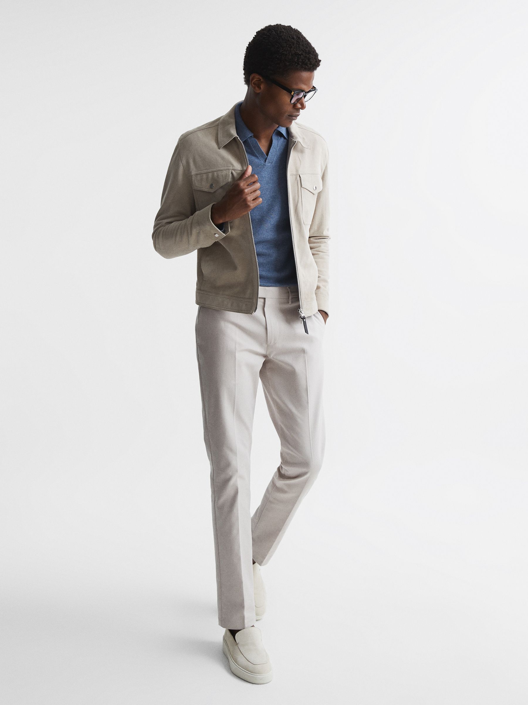 Wool Blend Open Collar Polo Shirt in Denim Melange - Image 6 of 6