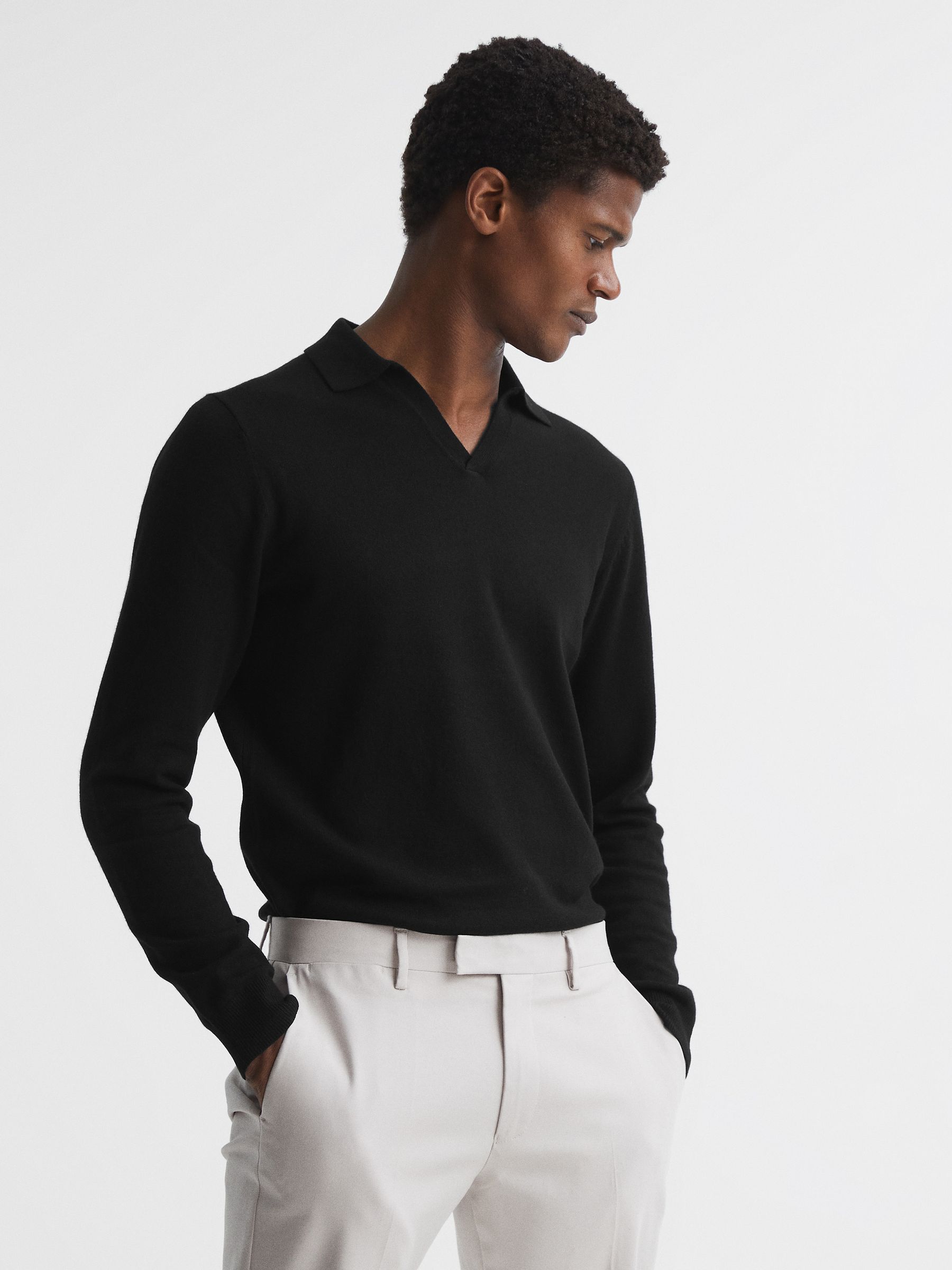 Wool Blend Open Collar Polo Shirt in Black - Image 1 of 6