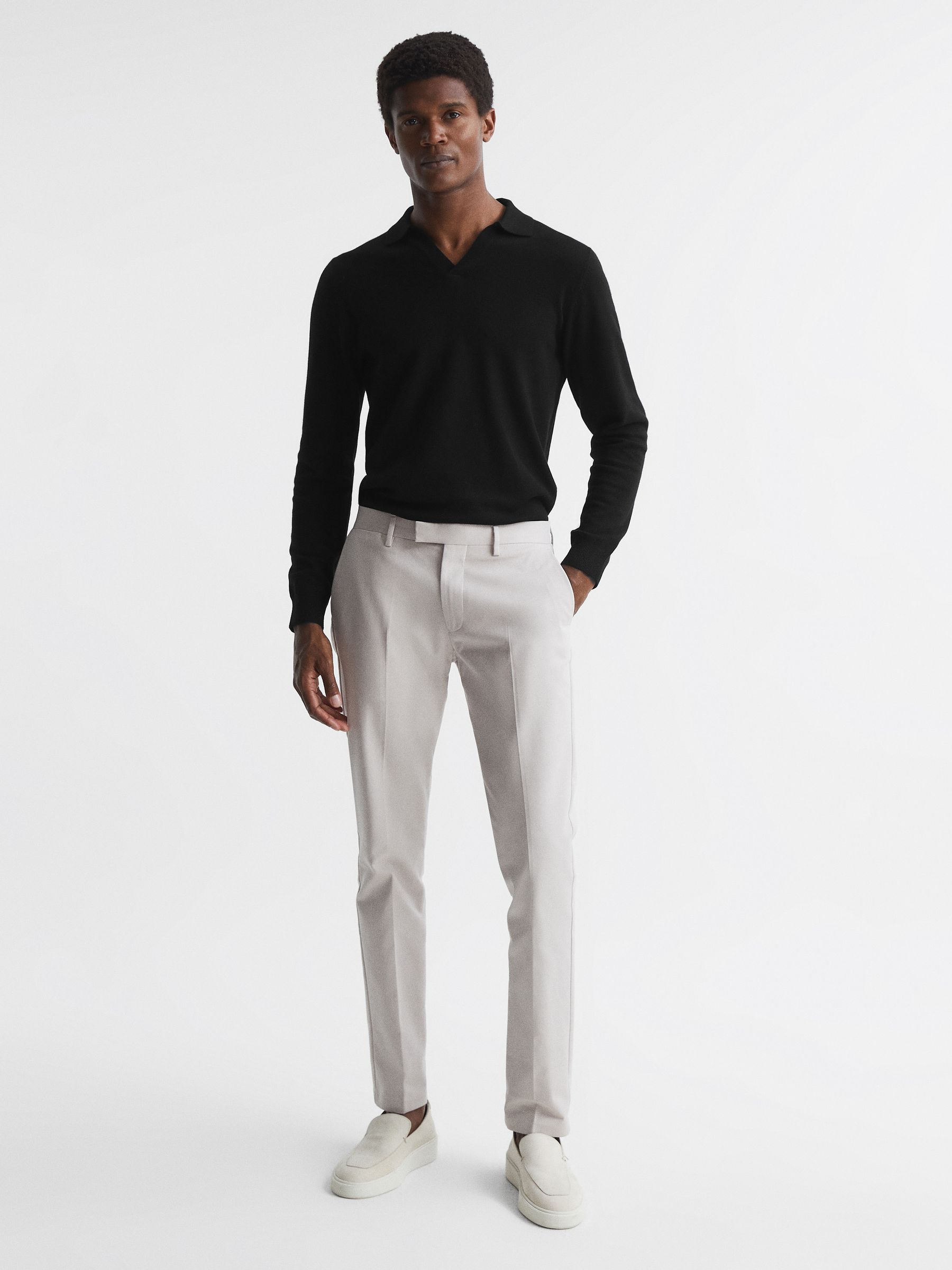 Wool Blend Open Collar Polo Shirt in Black - Image 3 of 6