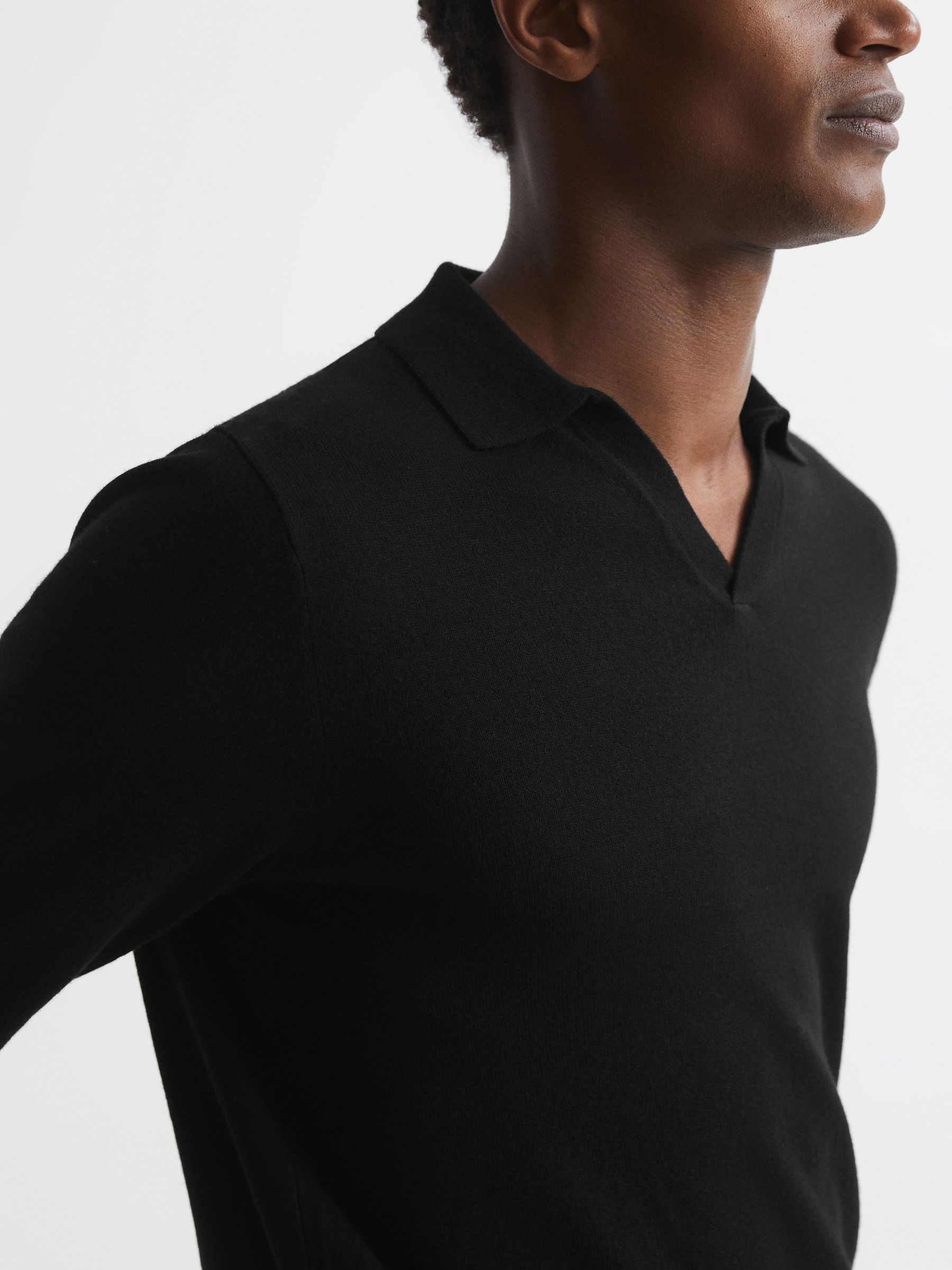 Wool Blend Open Collar Polo Shirt in Black - Image 4 of 6