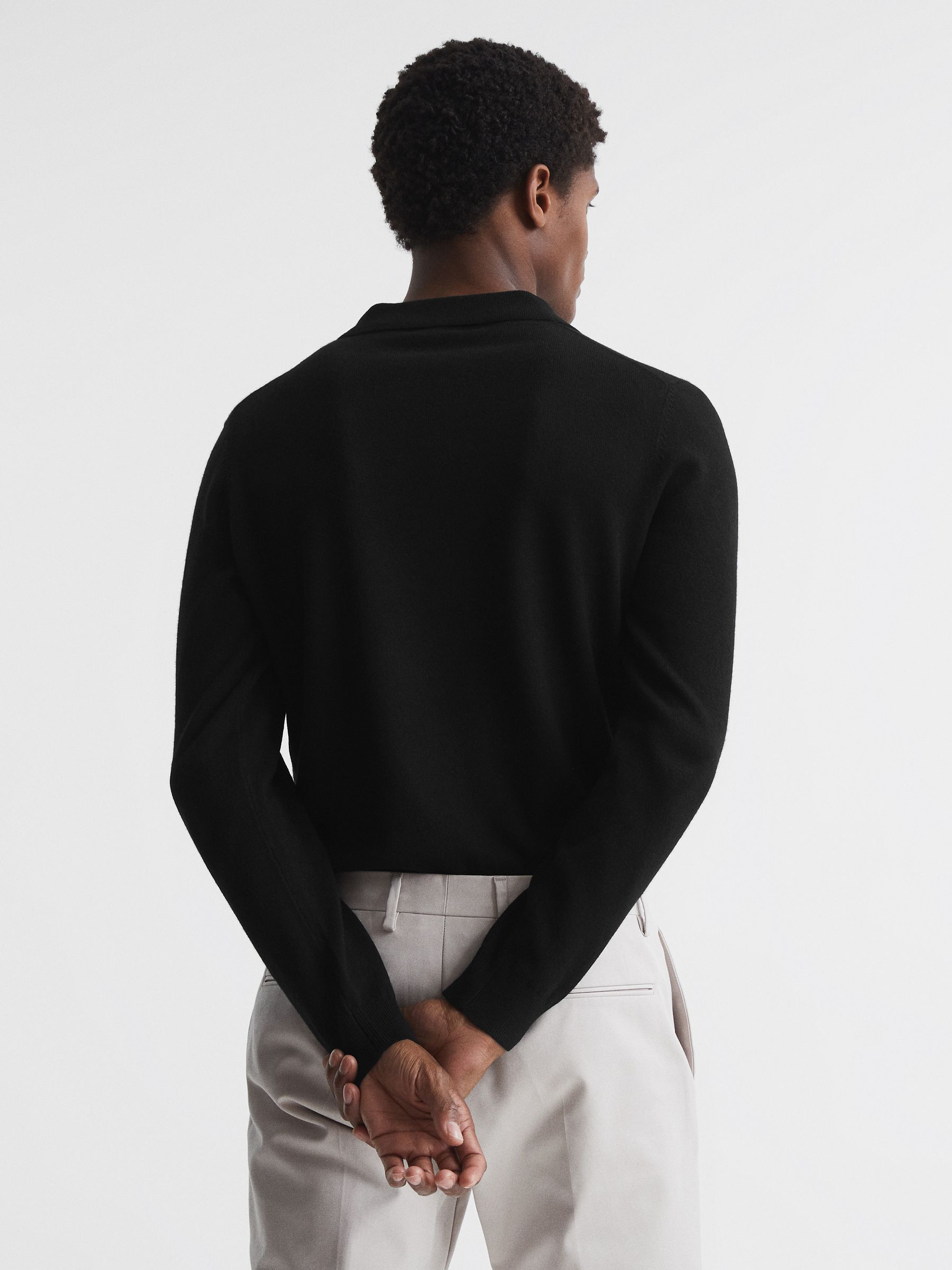 Wool Blend Open Collar Polo Shirt in Black - Image 5 of 6