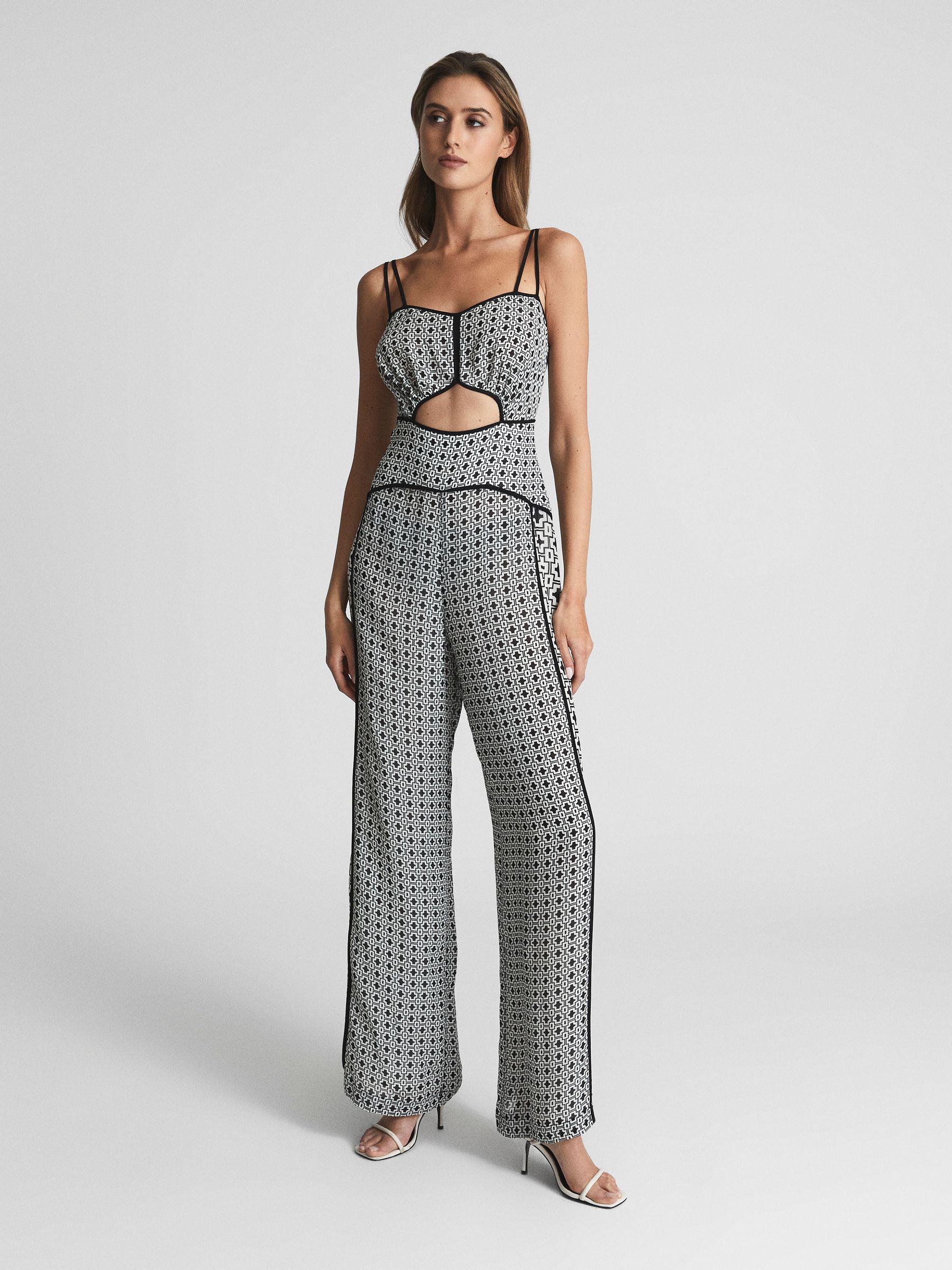Printed Wide Leg Resort Jumpsuit in Black/White - Image 1 of 7