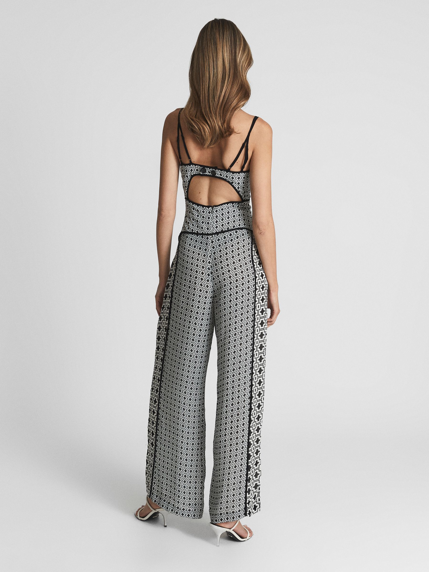 Printed Wide Leg Resort Jumpsuit in Black/White - Image 5 of 7