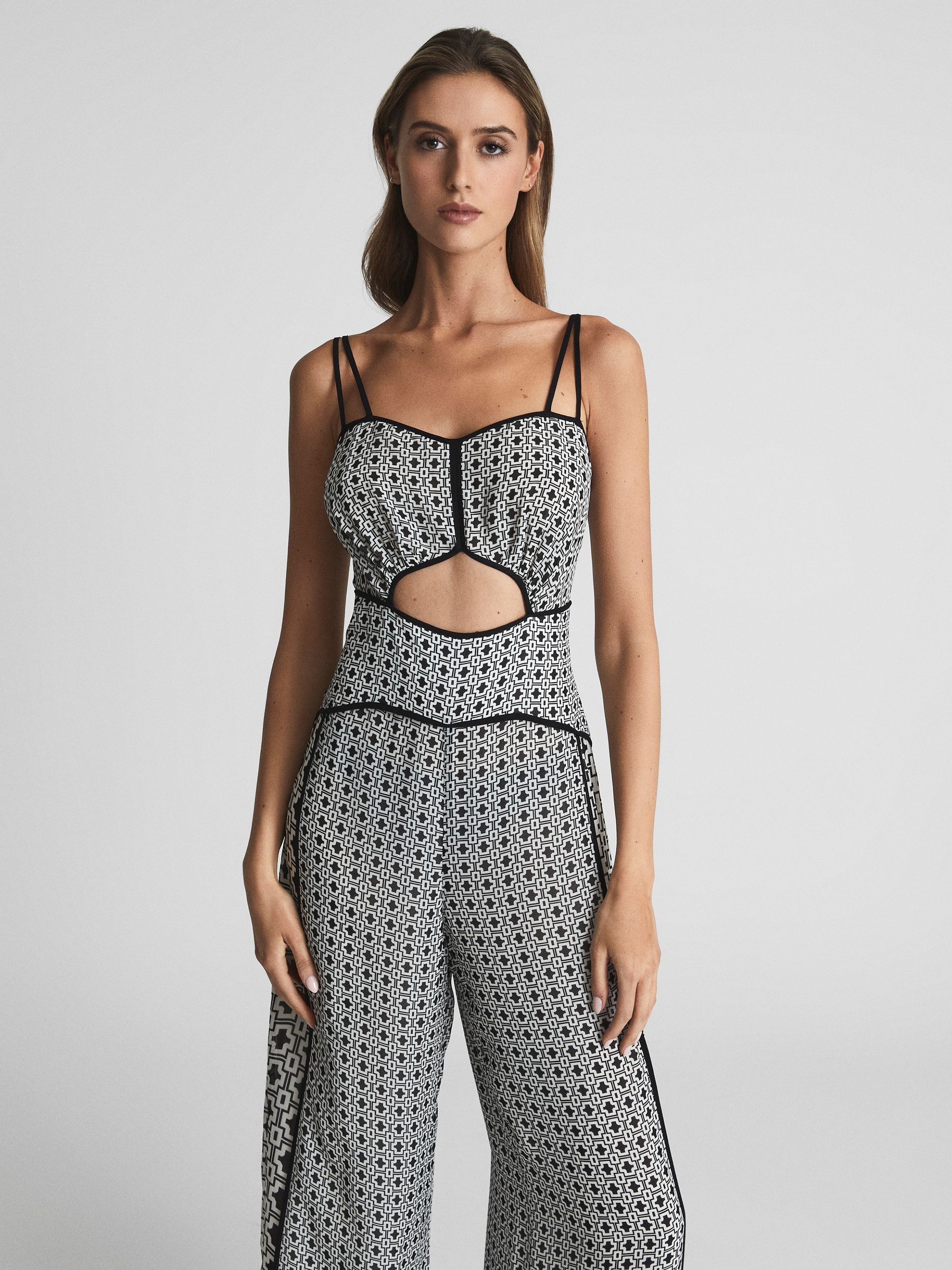 Printed Wide Leg Resort Jumpsuit in Black/White - Image 6 of 7