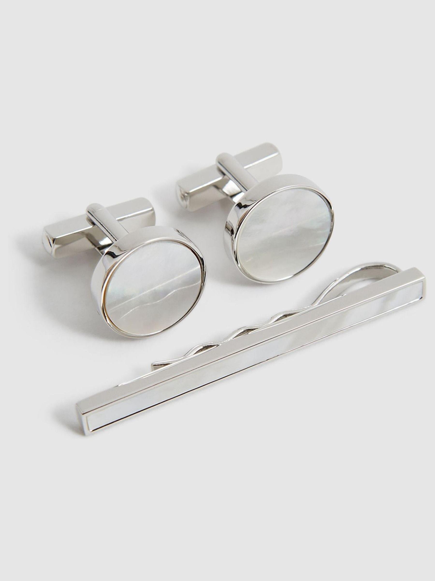Cufflink And Tie Bar Set in Silver - Image 1 of 4