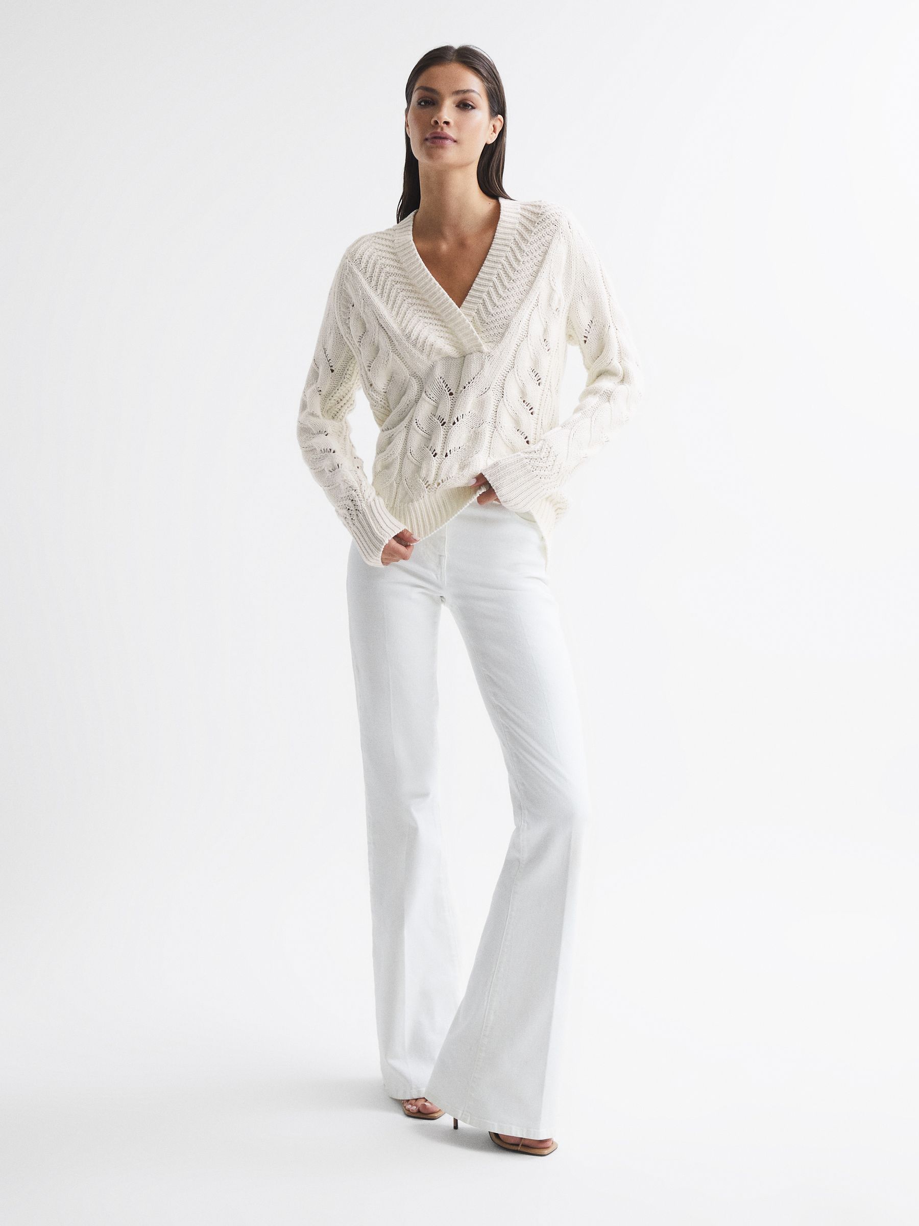 Cable Knit Shawl Neck Jumper in Ivory - Image 4 of 7