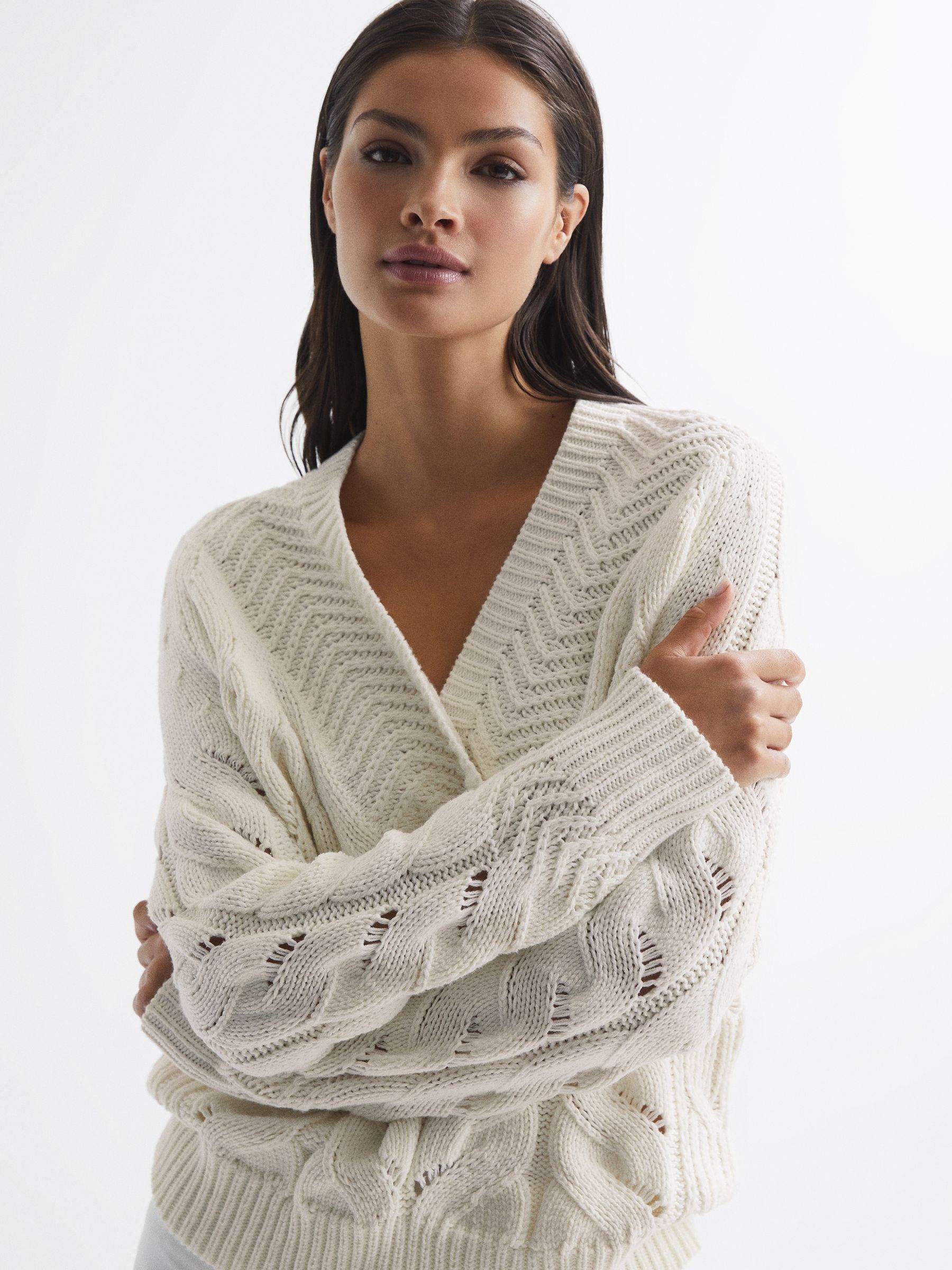 Cable Knit Shawl Neck Jumper in Ivory - Image 7 of 7