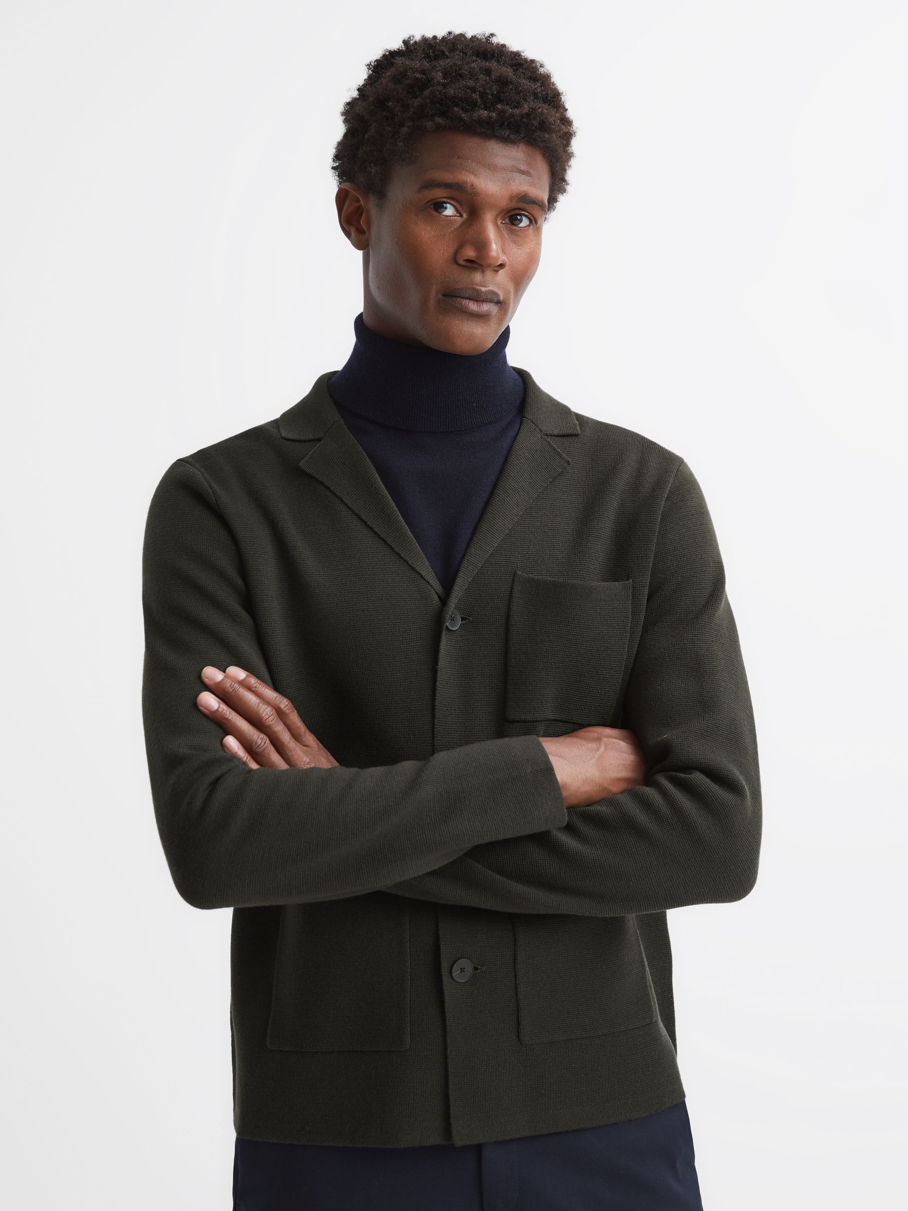 Button Through Slim Fit Wool Blazer in Dark Green - Image 1 of 5