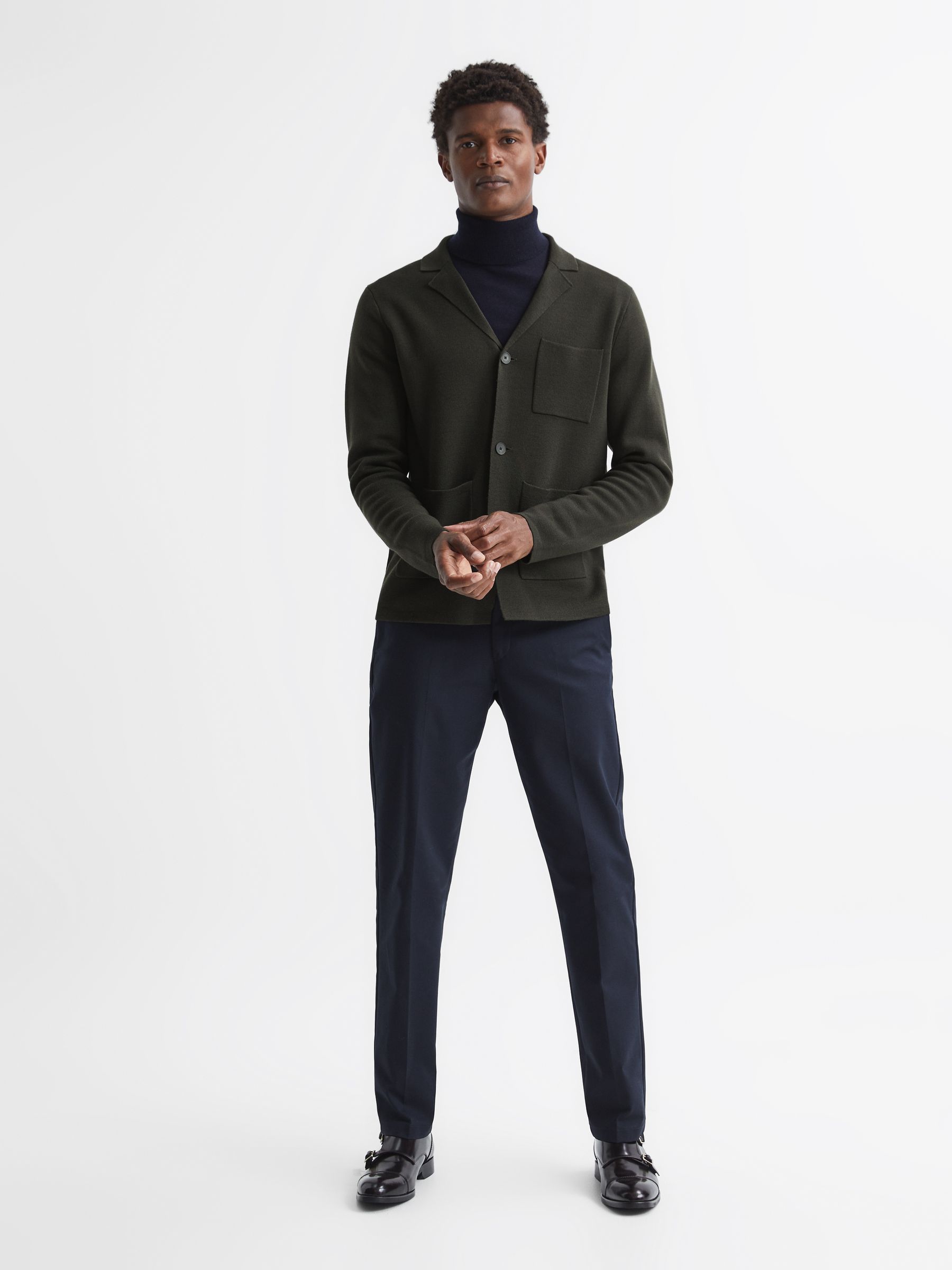 Button Through Slim Fit Wool Blazer in Dark Green - Image 3 of 5