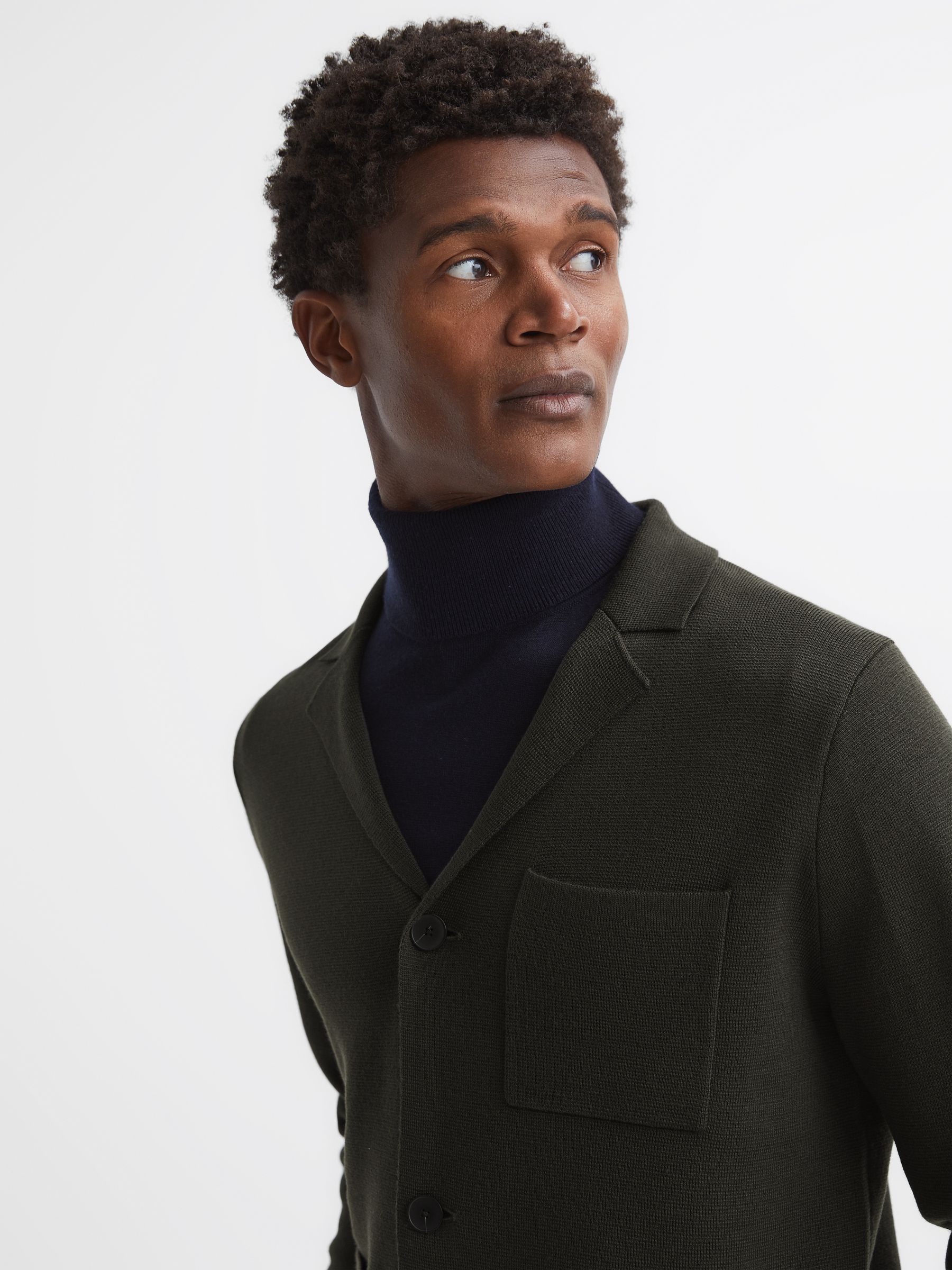 Button Through Slim Fit Wool Blazer in Dark Green - Image 4 of 5