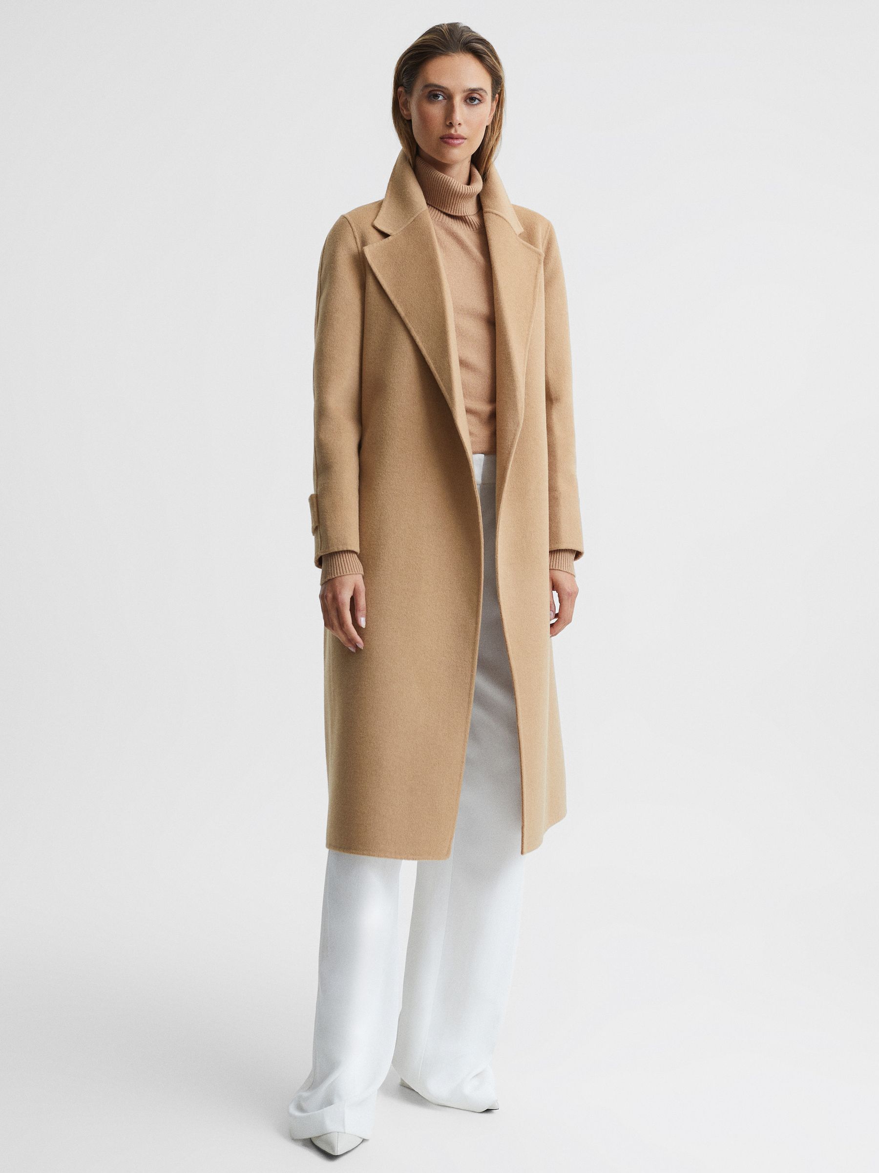 Belted Blindseam Wool Longline Coat in Camel - Image 3 of 9