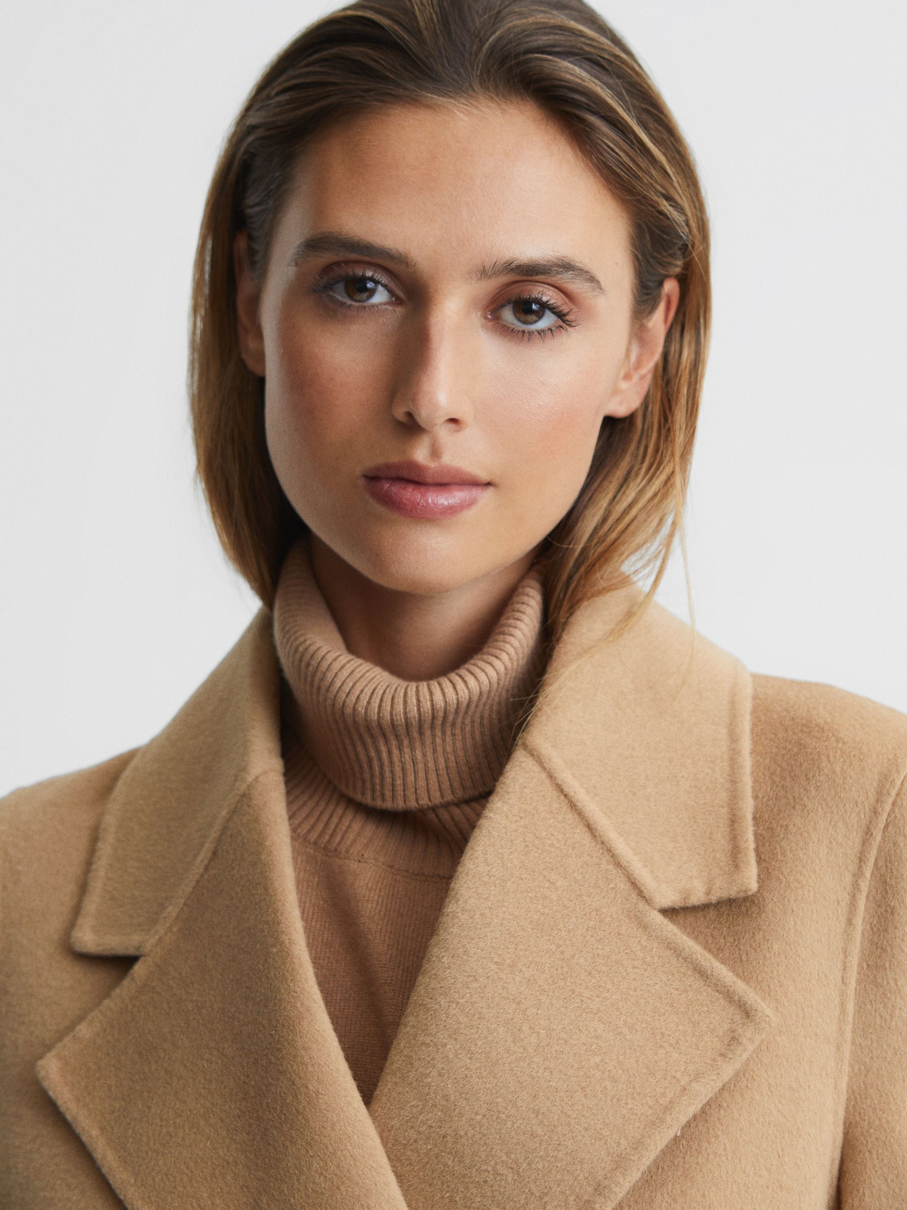 Belted Blindseam Wool Longline Coat in Camel - Image 4 of 9