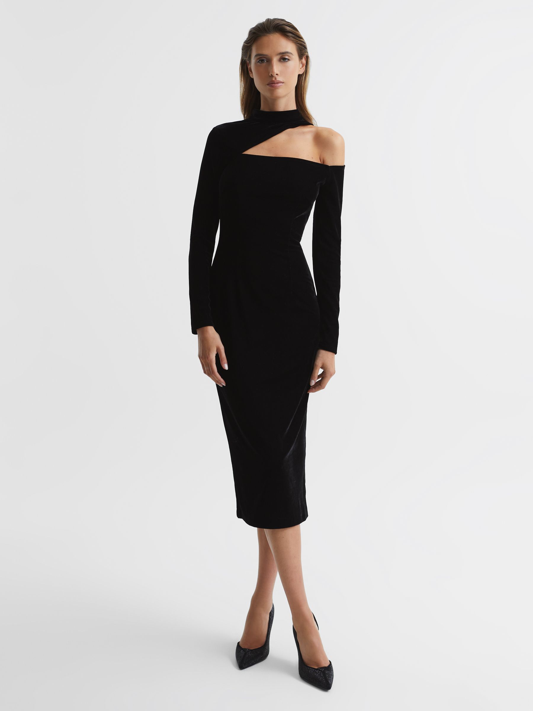 Velvet Cut-Out Shoulder Dress in Black - Image 3 of 7