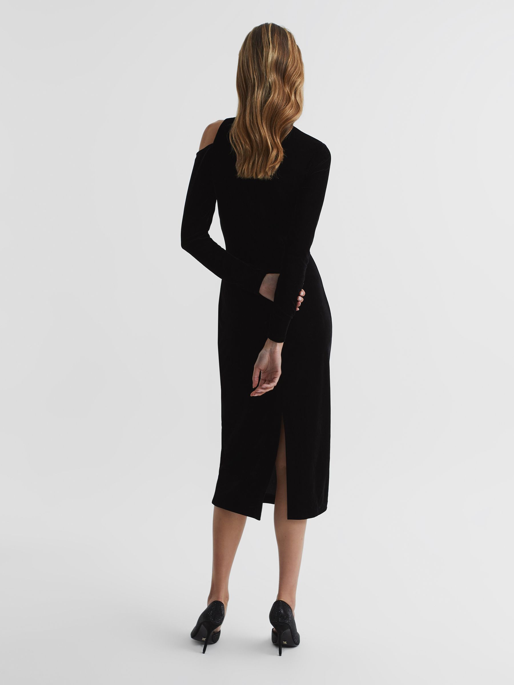 Velvet Cut-Out Shoulder Dress in Black - Image 5 of 7