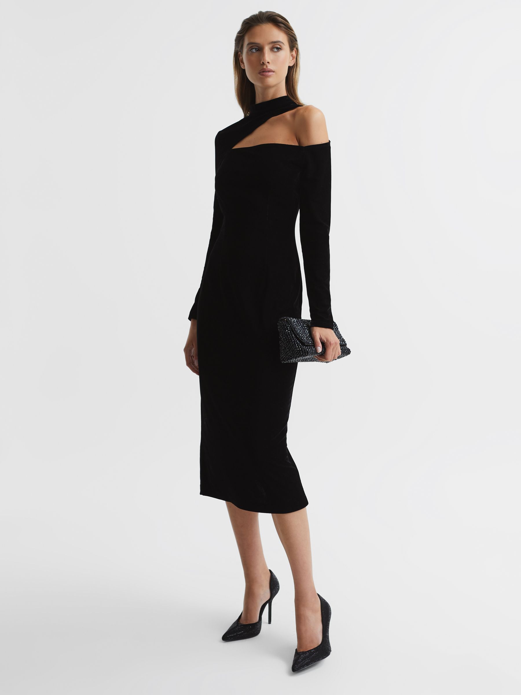 Velvet Cut-Out Shoulder Dress in Black - Image 7 of 7