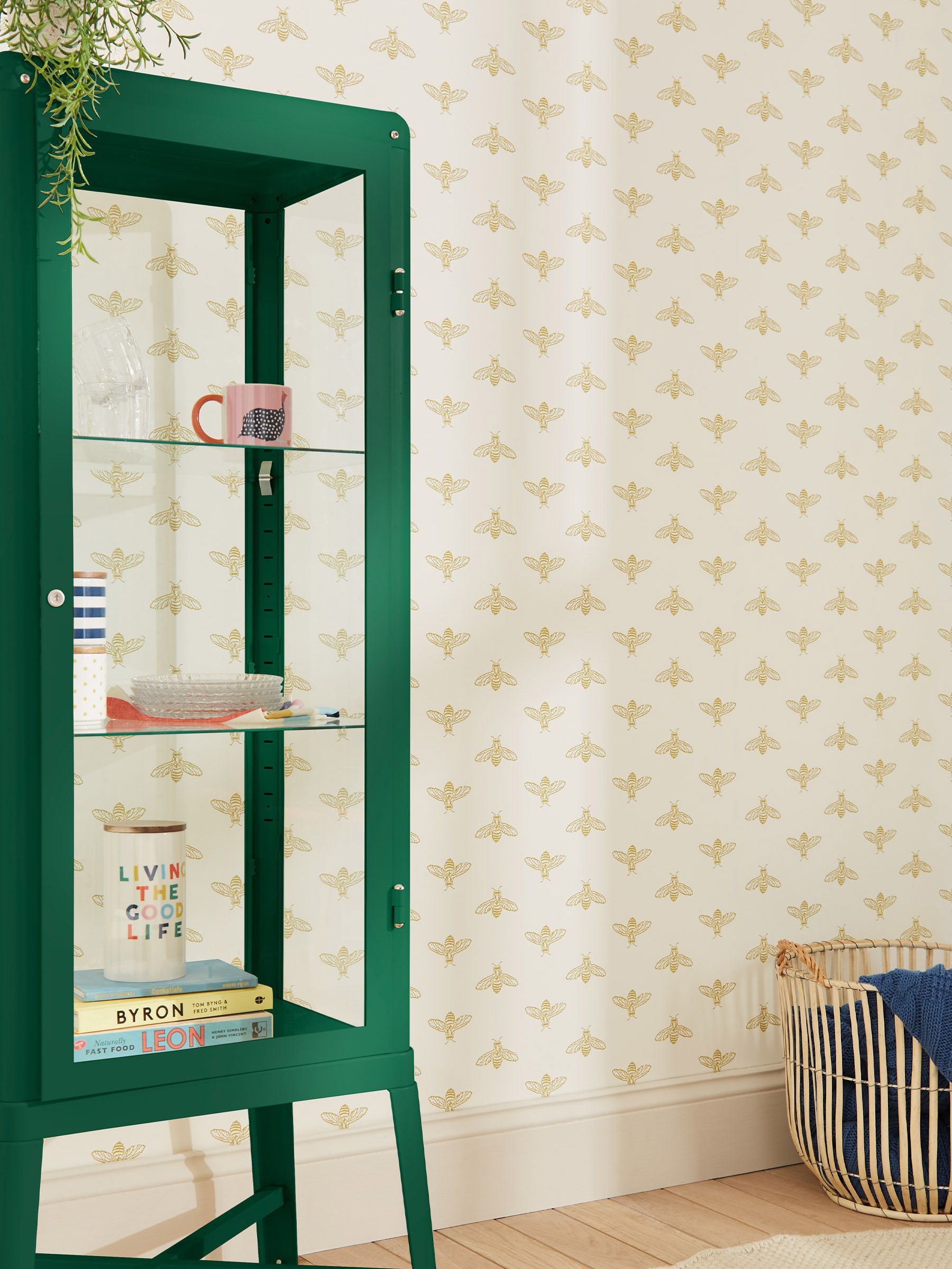 Antique Gold Block Print Bee 10M Wallpaper - Image 1 of 3