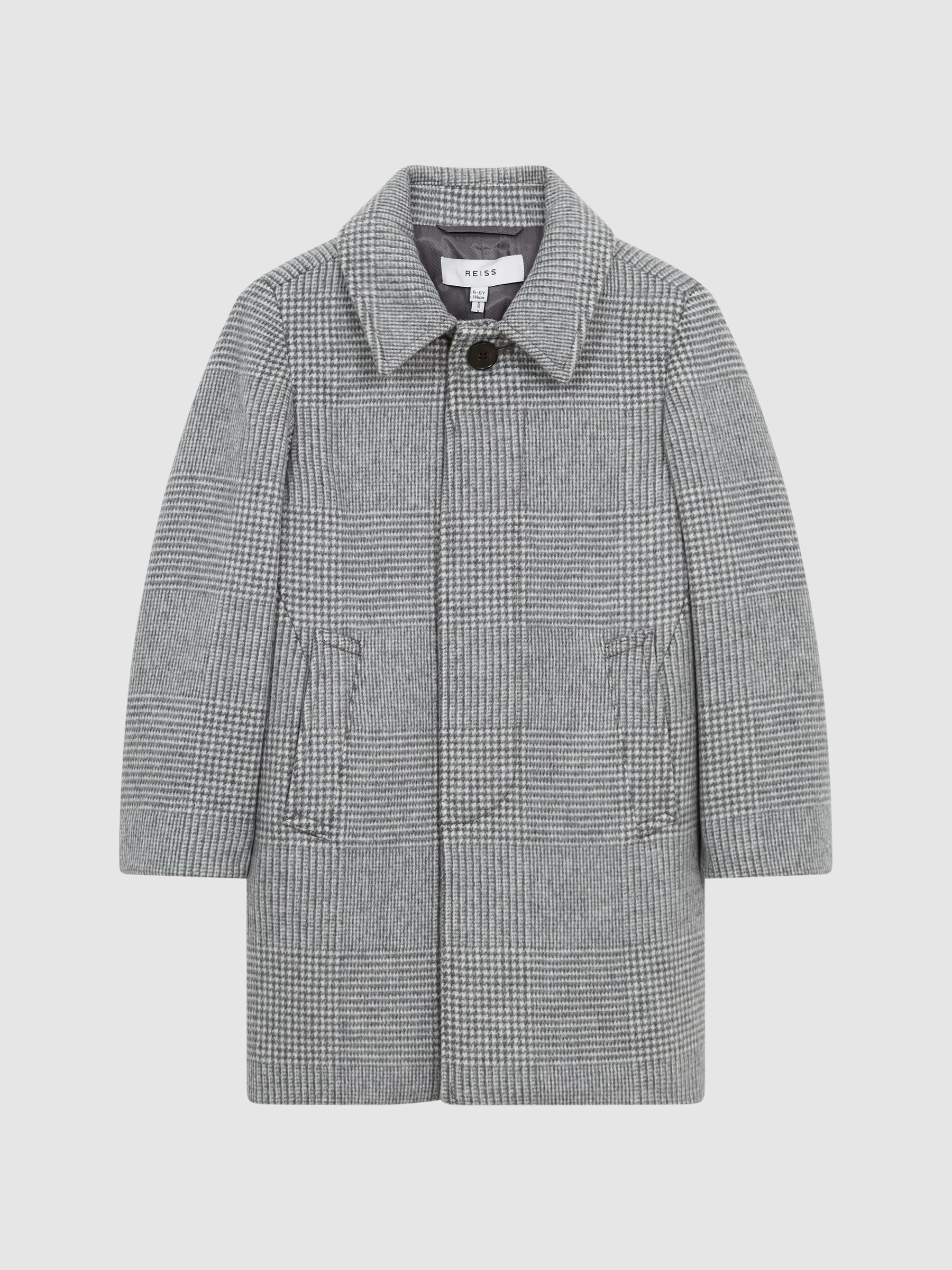 Junior Wool Blend Prince of Wales Check Overcoat in Grey - Image 2 of 5