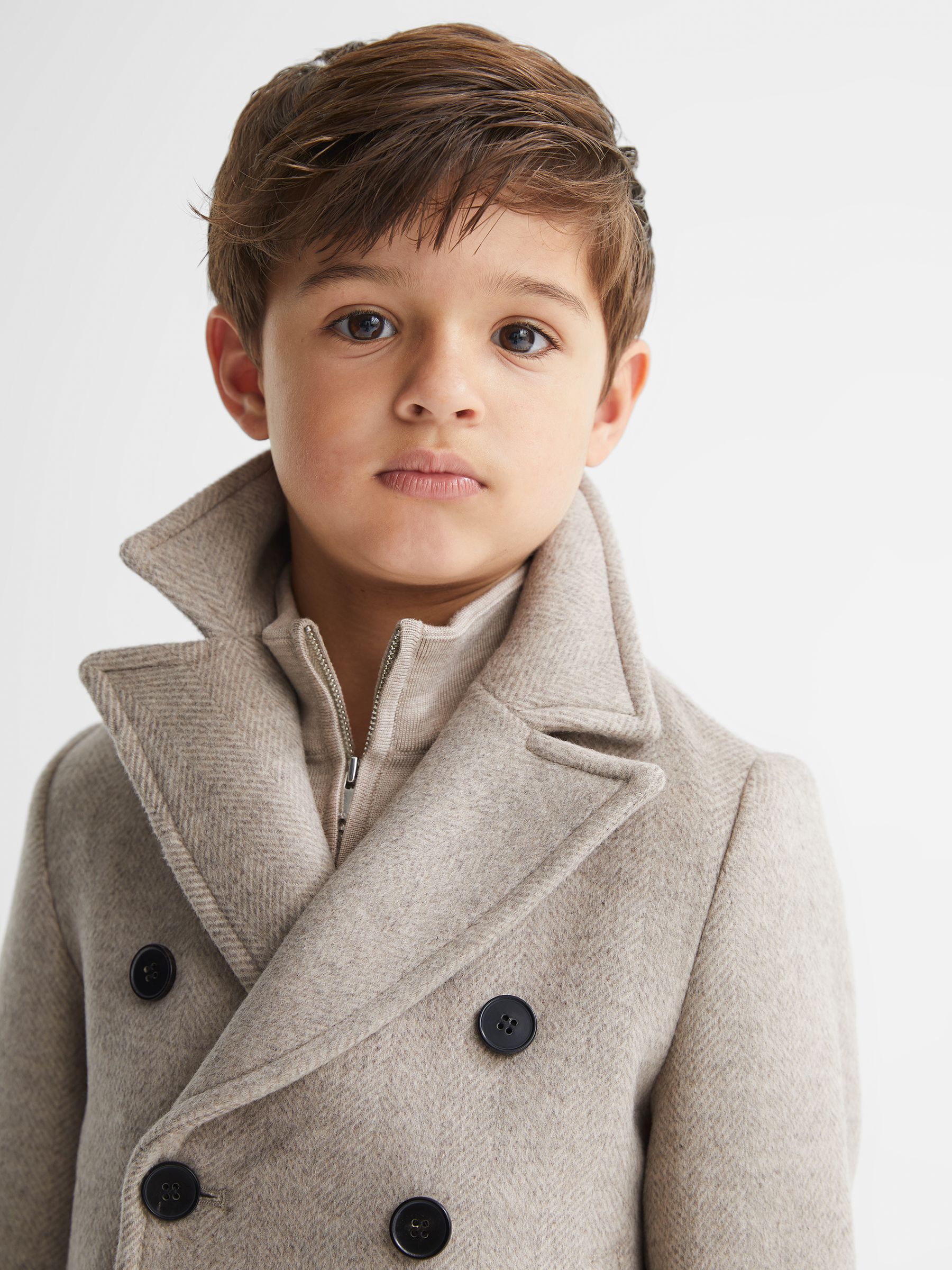 Wool Blend Herringbone Peacoat in Oatmeal - Image 1 of 5