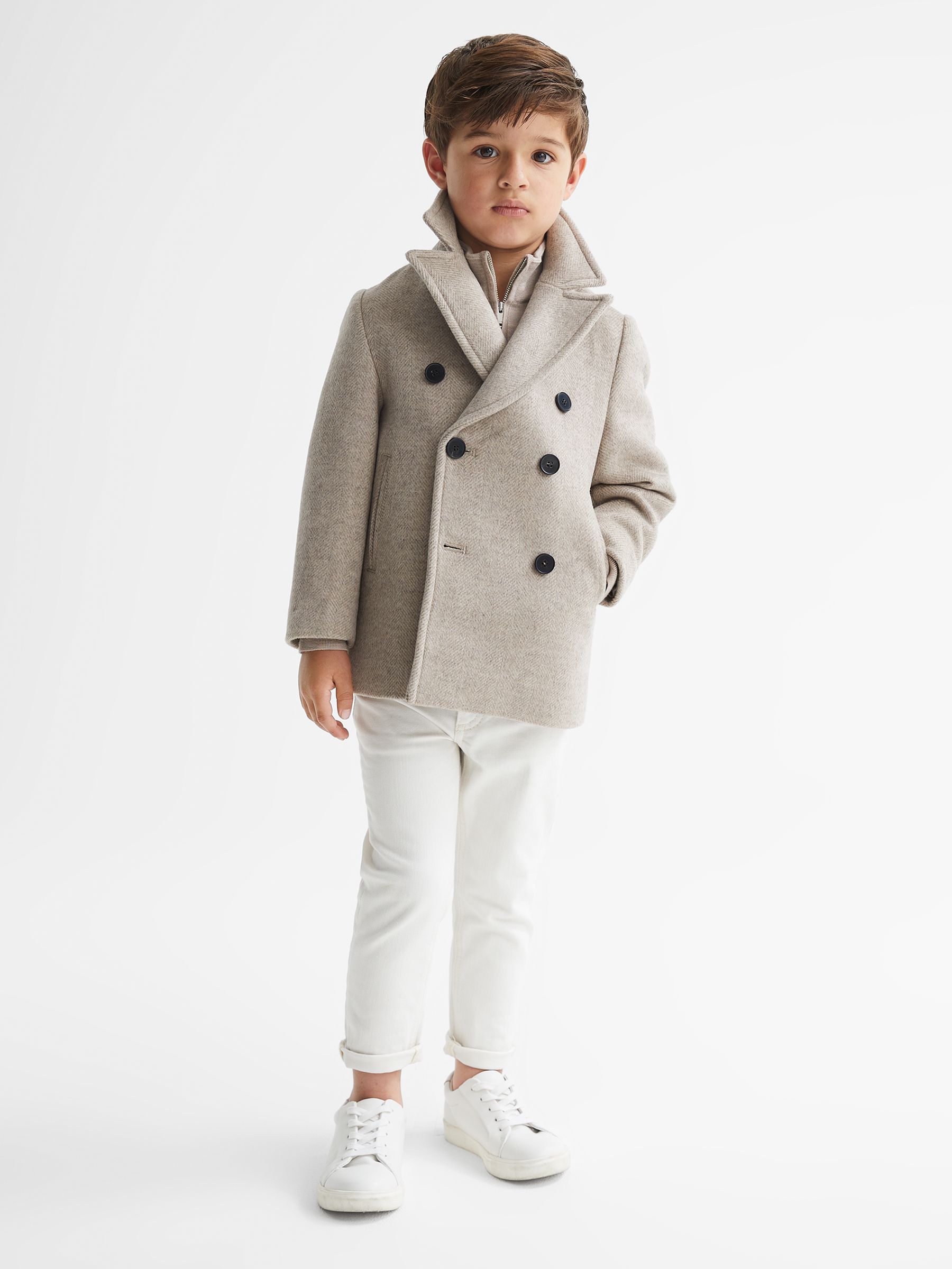 Wool Blend Herringbone Peacoat in Oatmeal - Image 3 of 5