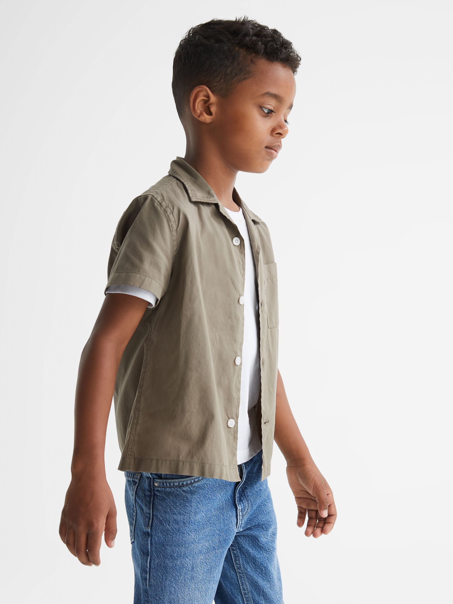 Junior Cotton Short Sleeve Cuban Collar Shirt in Sage - Image 1 of 5