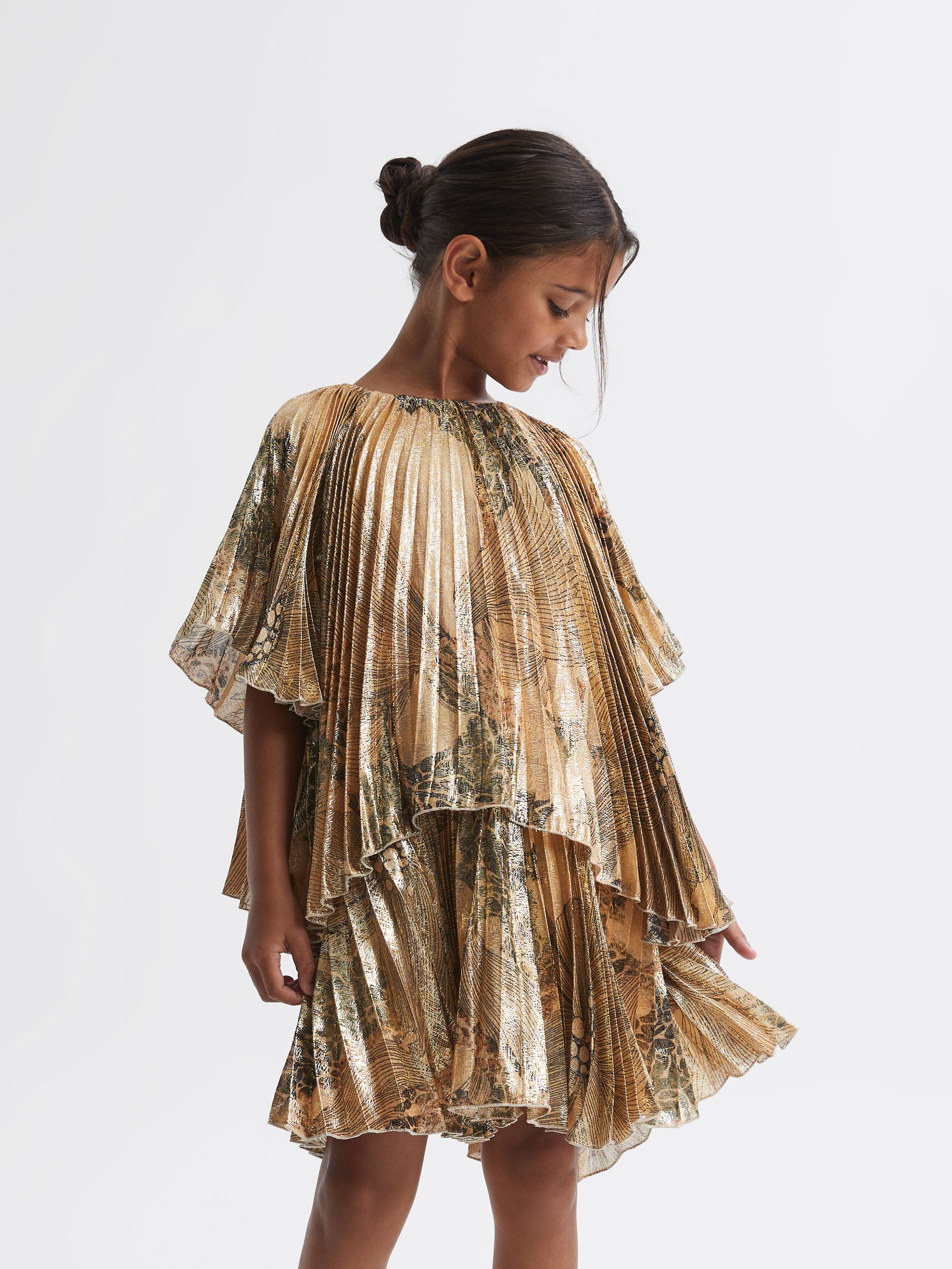 Metallic Pleated Tiered Dress in Gold - Image 1 of 6