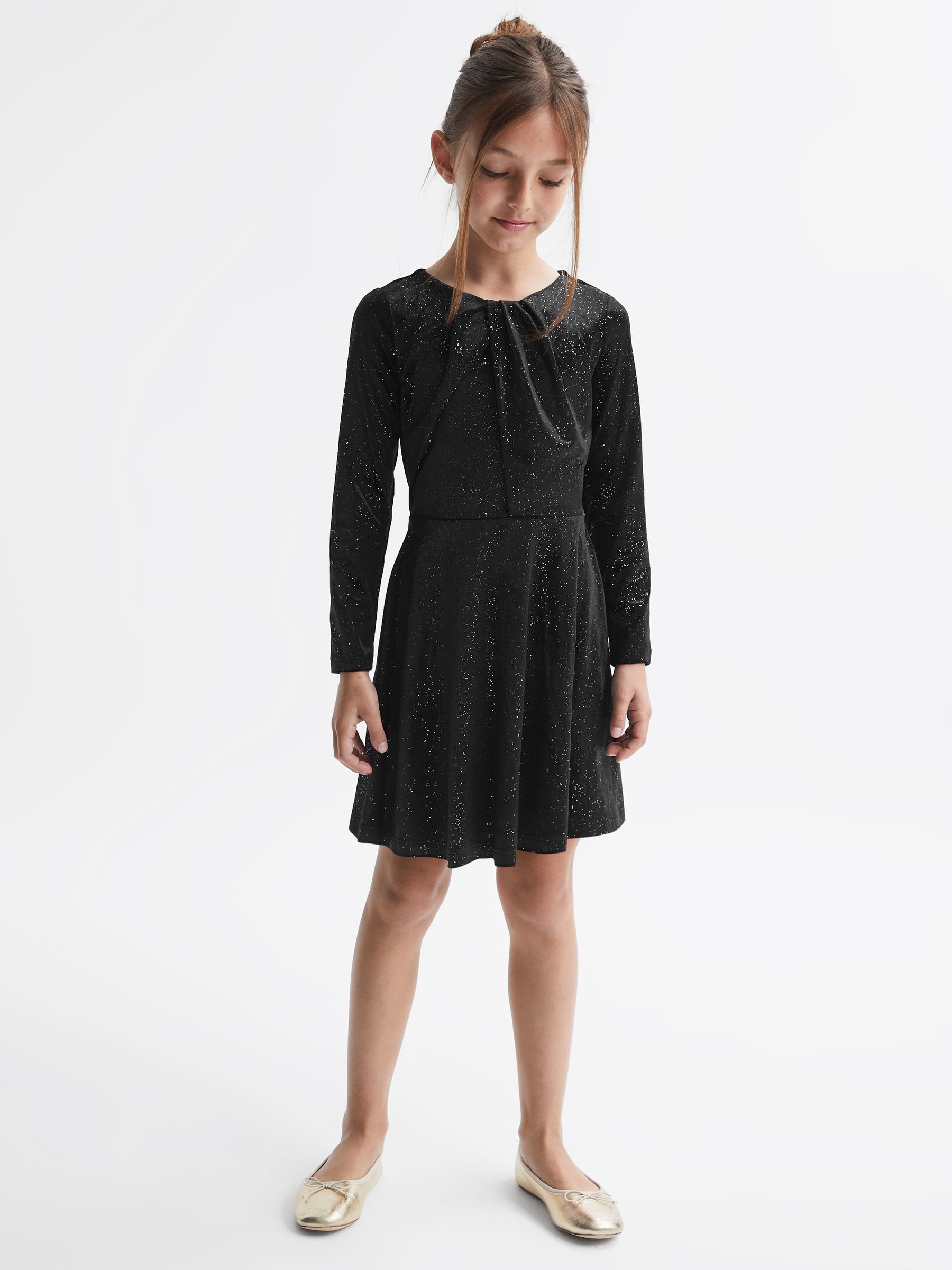 Junior Velour Sparkly Flared Dress in Black - Image 1 of 5