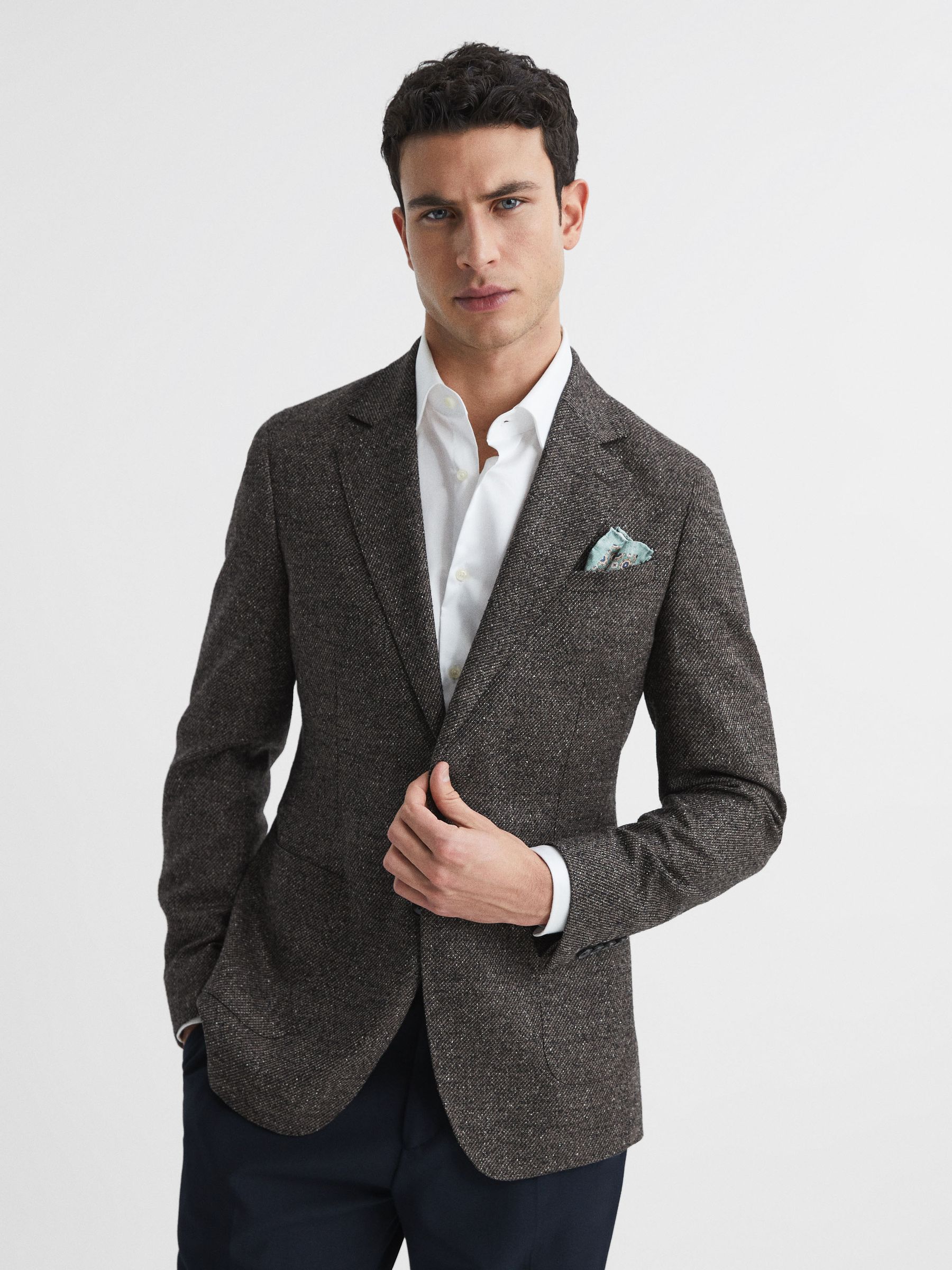 Single Breasted Notch Birdseye Blazer in Brown - Image 1 of 5
