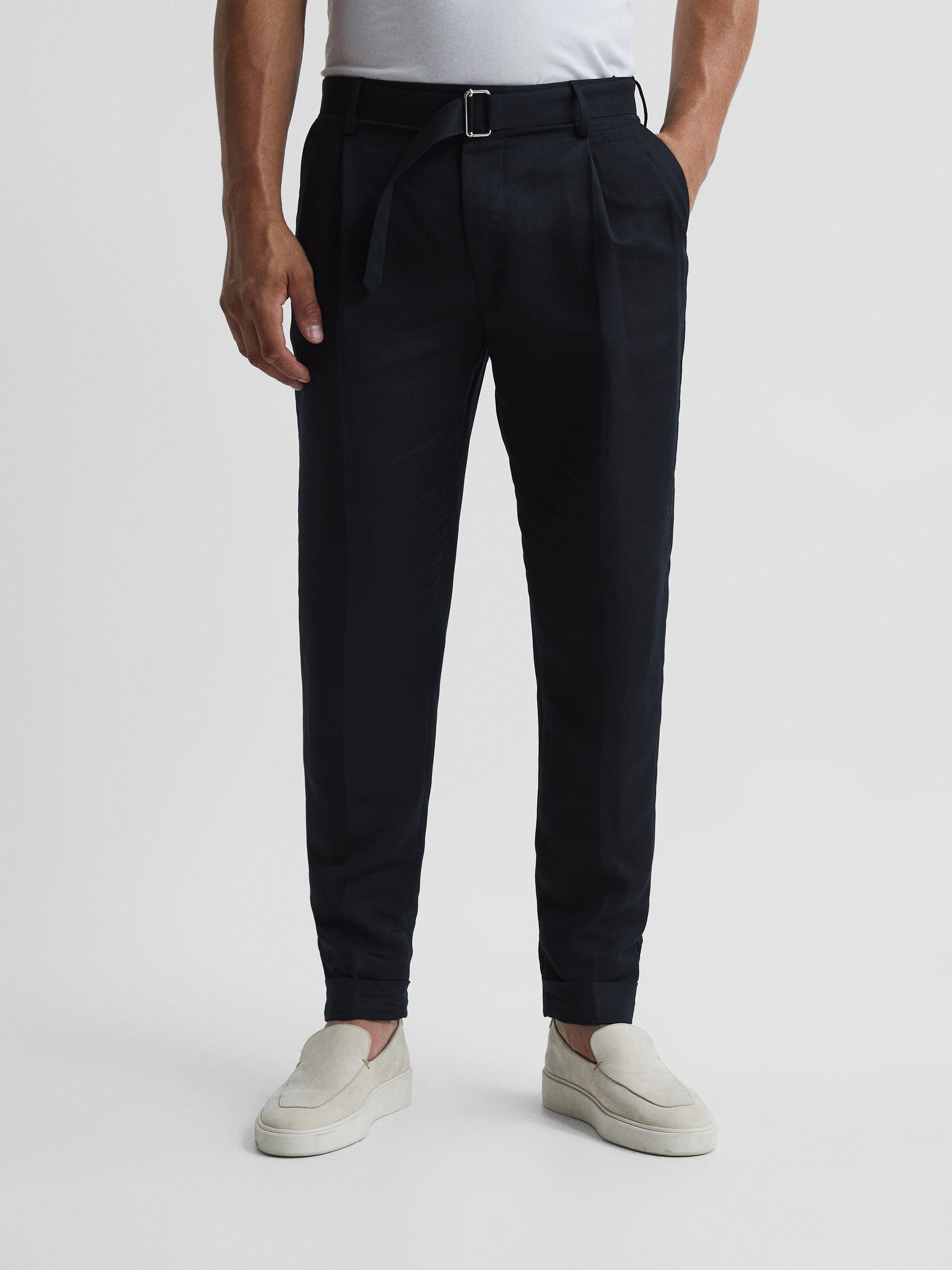 Linen Belted Tapered Fit Trousers in Navy - Image 1 of 5