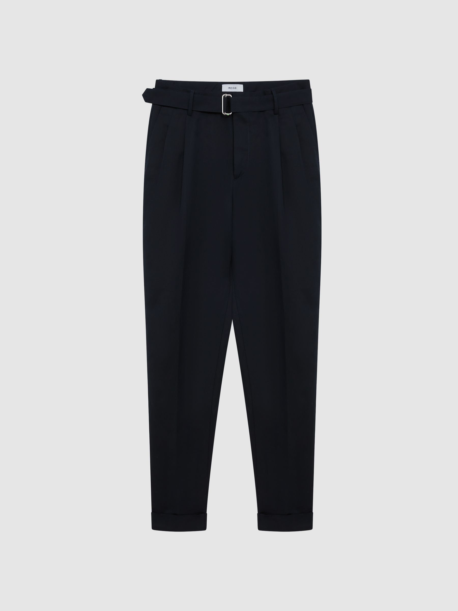 Linen Belted Tapered Fit Trousers in Navy - Image 2 of 5
