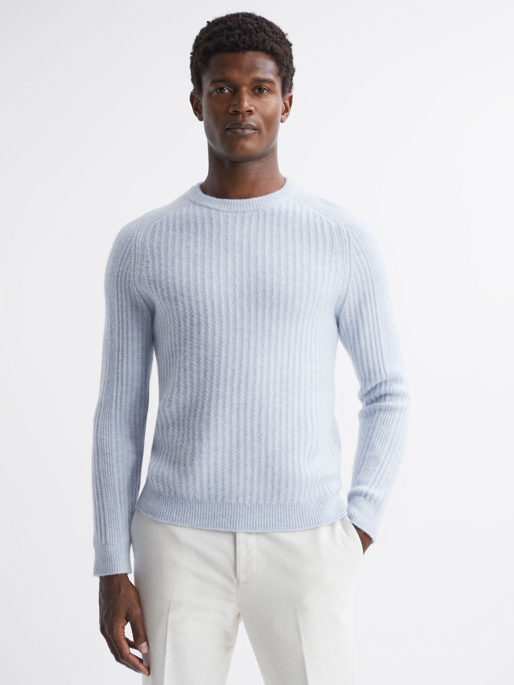 Wool-Cotton Textured Crew Neck Jumper in Soft Blue Melange - Image 1 of 5