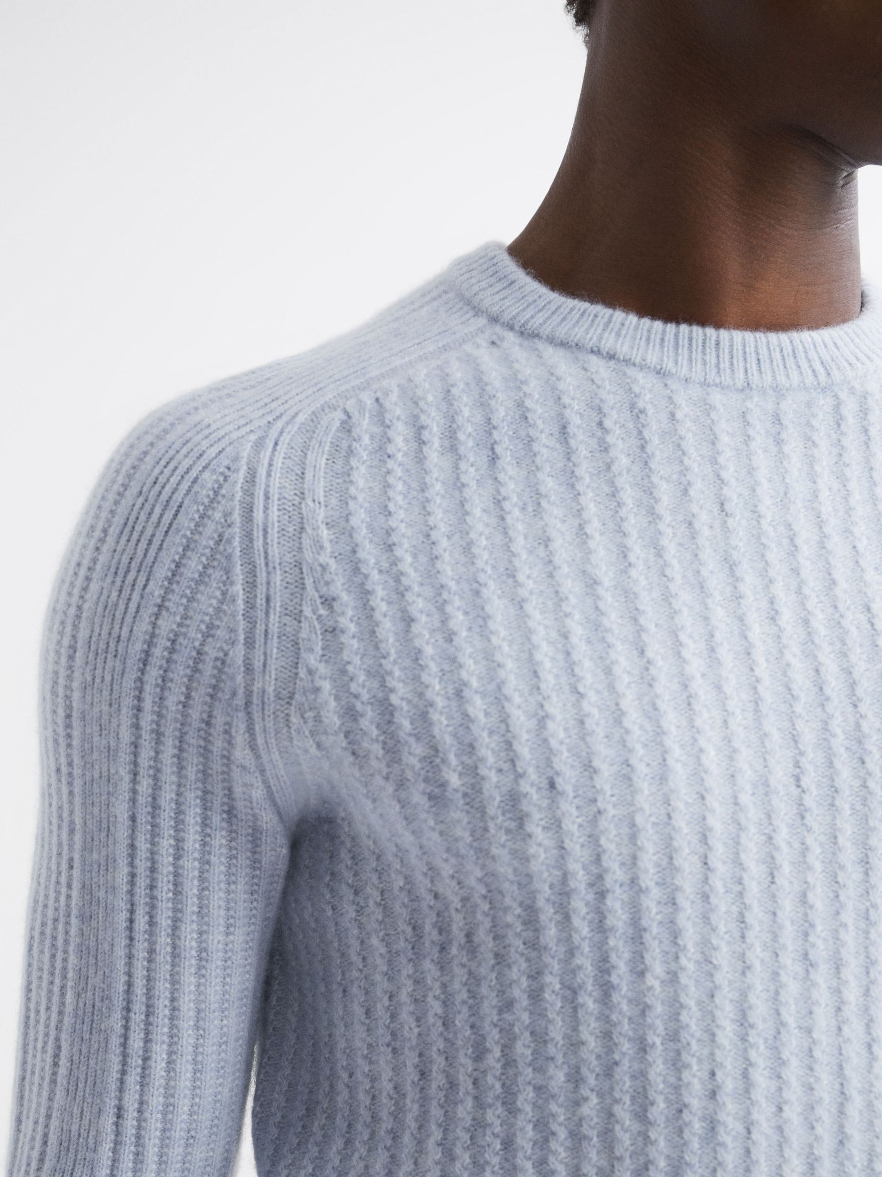 Wool-Cotton Textured Crew Neck Jumper in Soft Blue Melange - Image 4 of 5