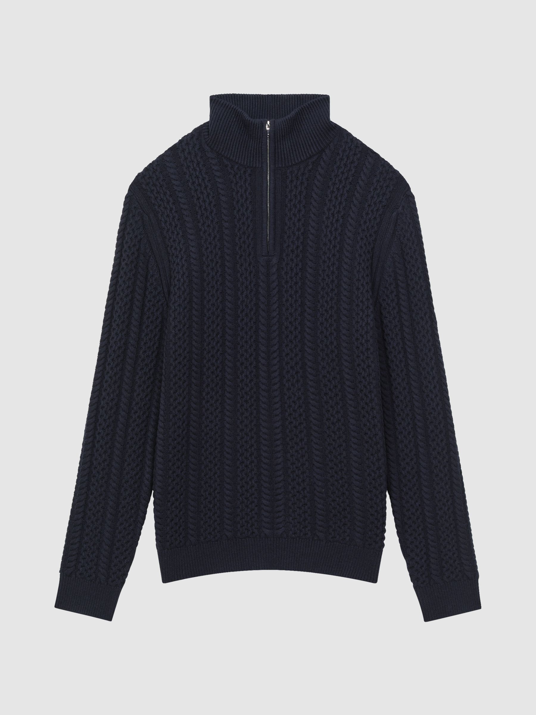 Reiss Cable Knit Half-Zip Funnel Neck Jumper in Navy | REISS