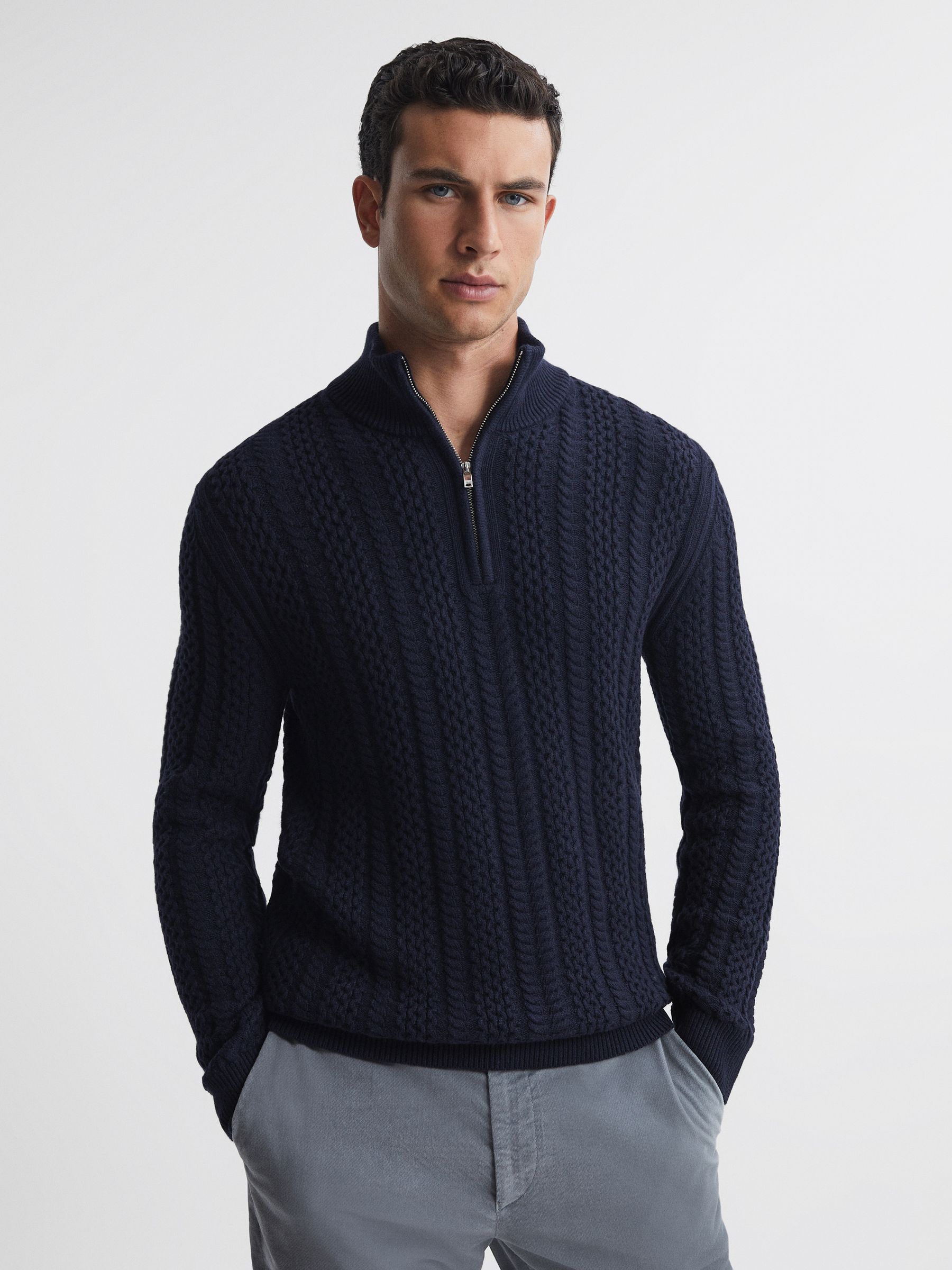 Cable Knit Half-Zip Funnel Neck Jumper in Navy - Image 1 of 5