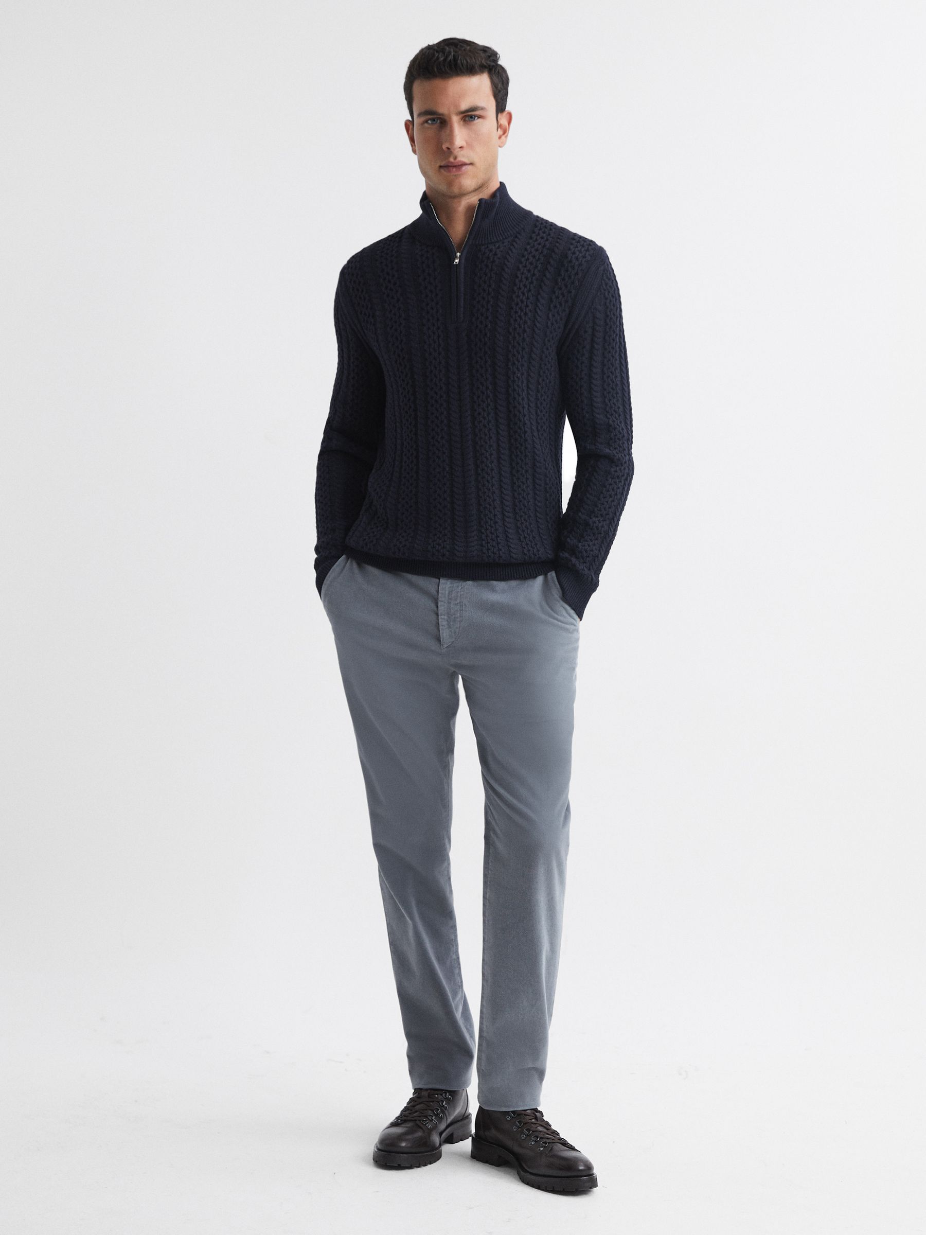 Reiss Cable Knit Half-Zip Funnel Neck Jumper in Navy | REISS