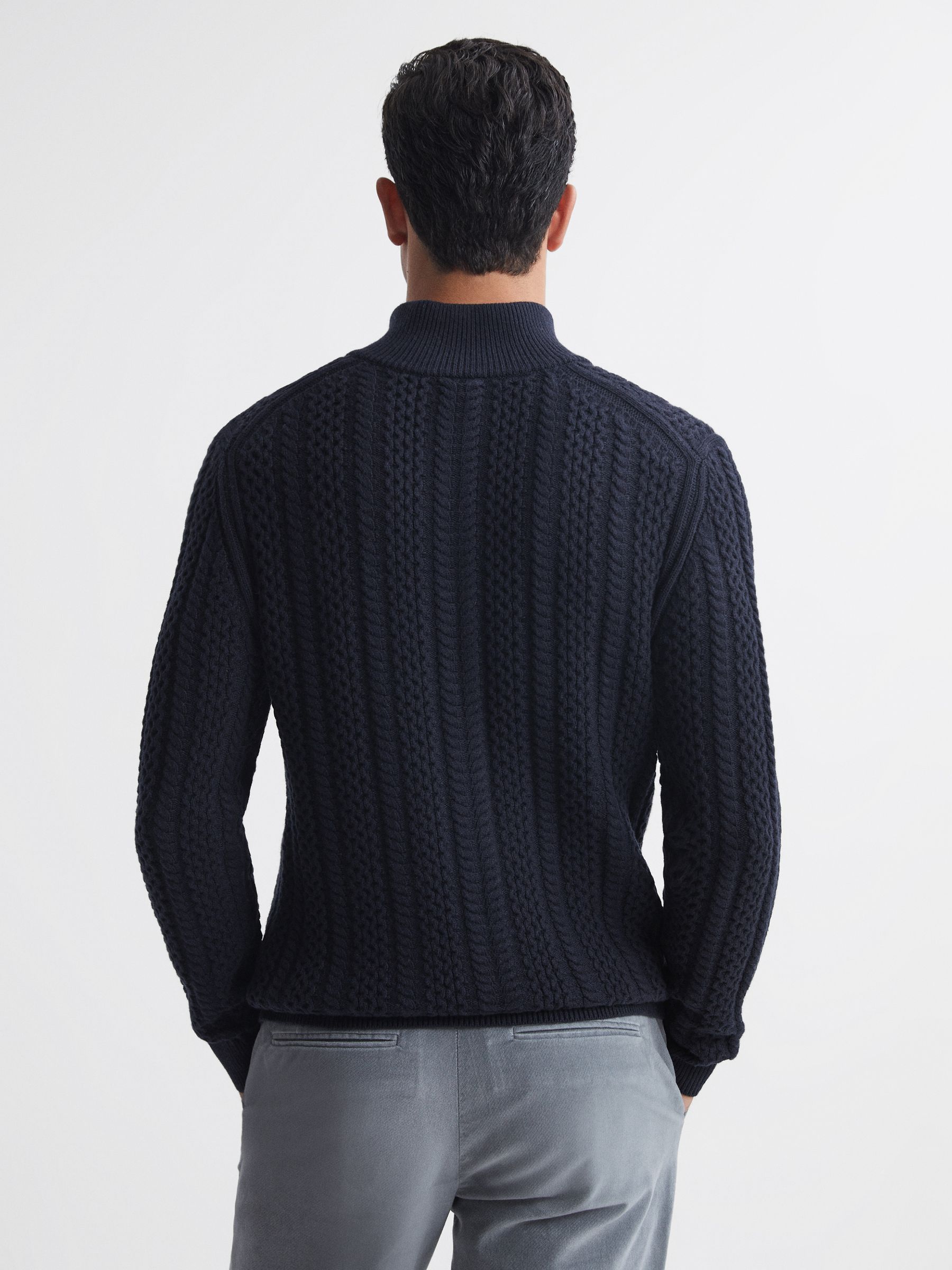 Cable Knit Half-Zip Funnel Neck Jumper in Navy - Image 5 of 5