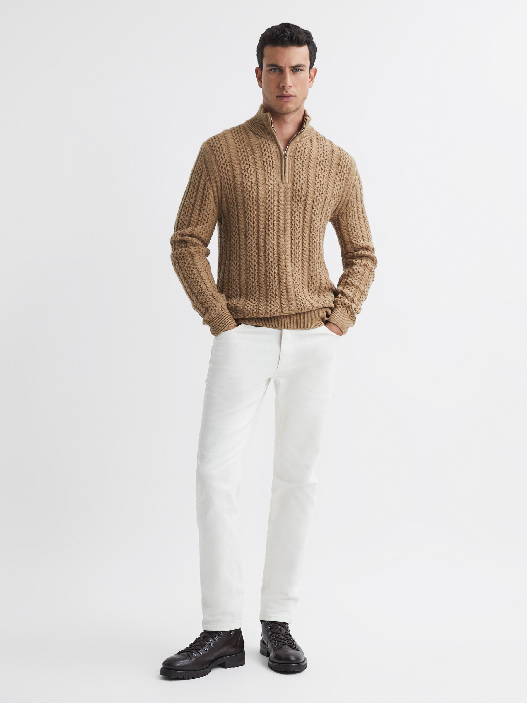 Cable Knit Half-Zip Funnel Neck Jumper in Camel - Image 1 of 4 Cable Knit Half-Zip Funnel Neck Jumper in Camel - Image 1 of 4