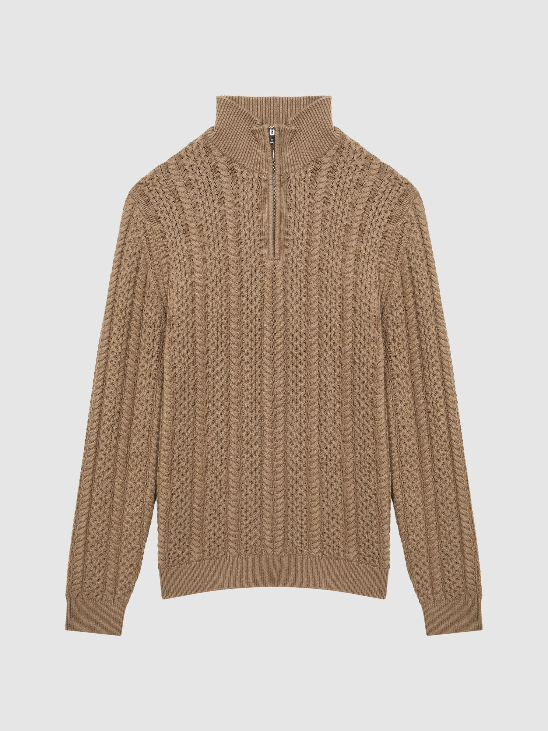 Cable Knit Half-Zip Funnel Neck Jumper in Camel - Image 2 of 4