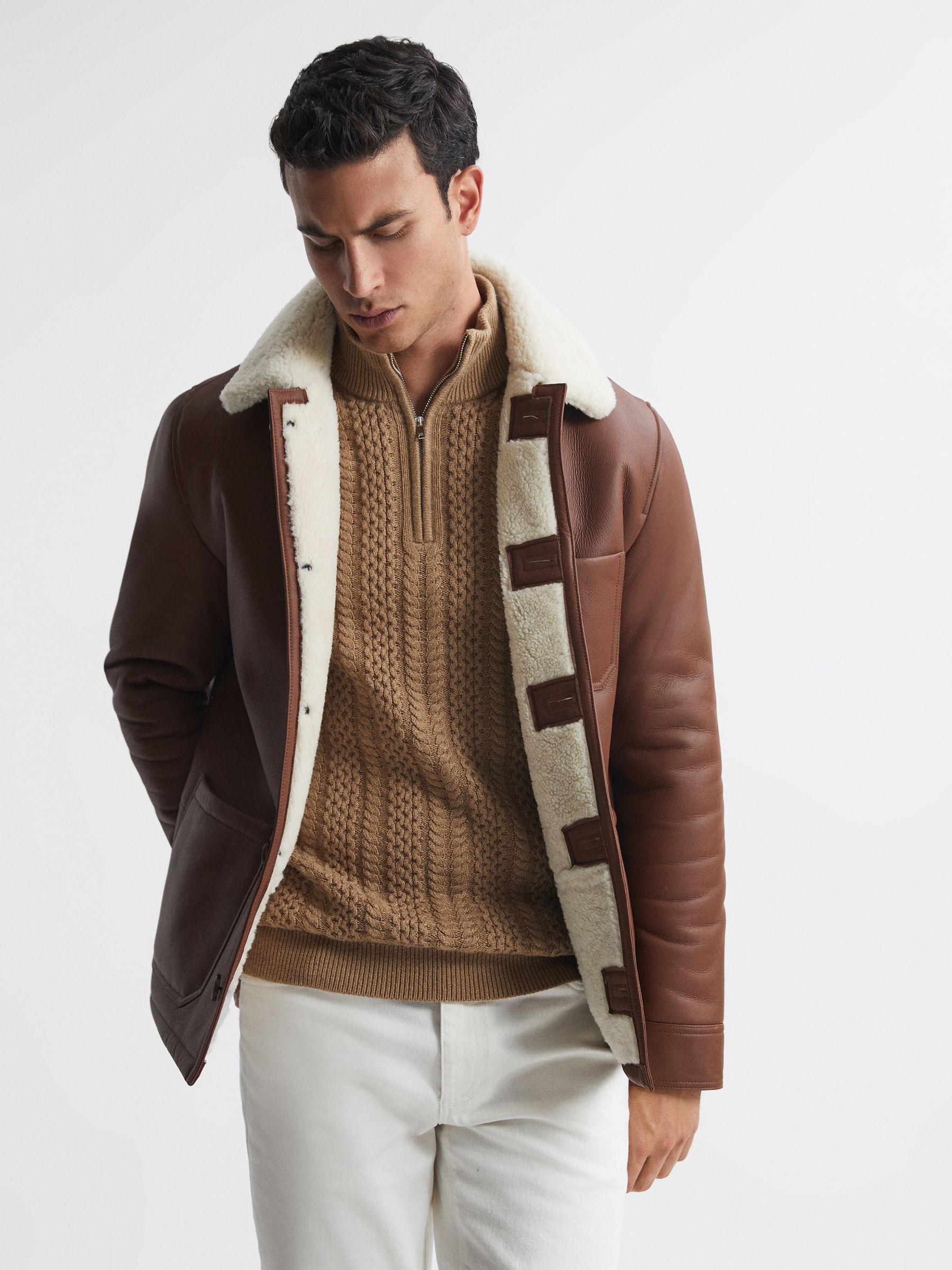 Cable Knit Half-Zip Funnel Neck Jumper in Camel - Image 3 of 4