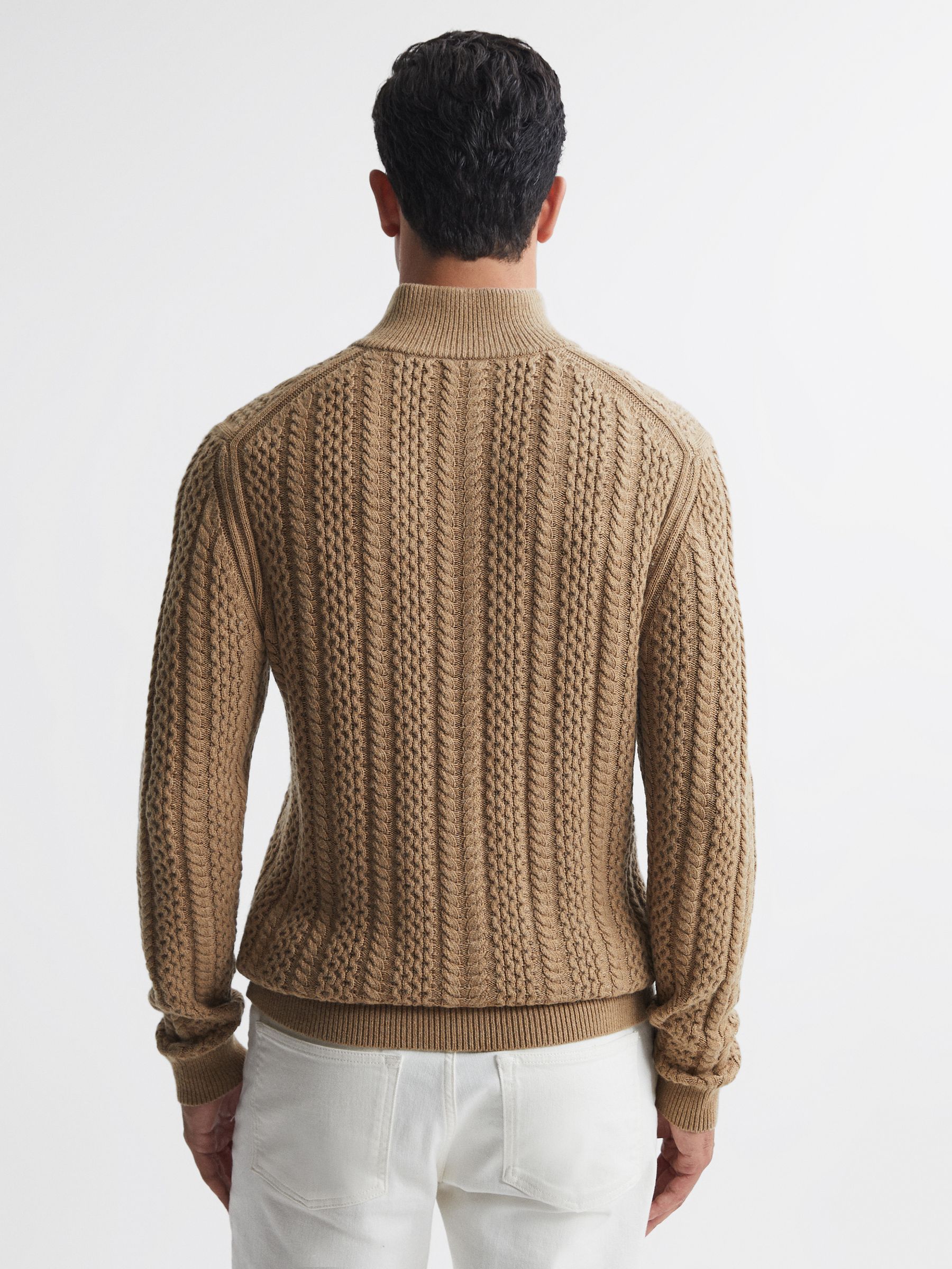 Cable Knit Half-Zip Funnel Neck Jumper in Camel - Image 4 of 4