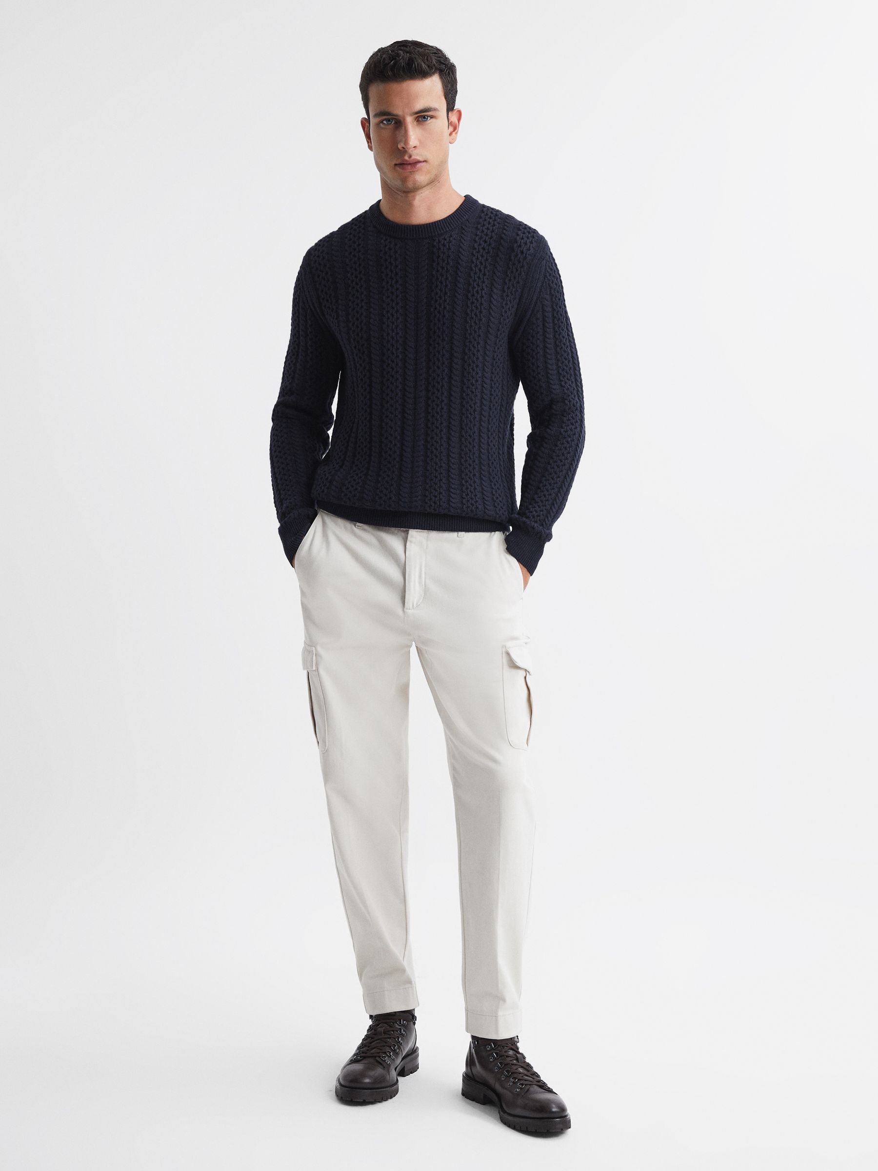 Slim Fit Wool-Cotton Cable Knit Jumper in Navy - Image 1 of 5