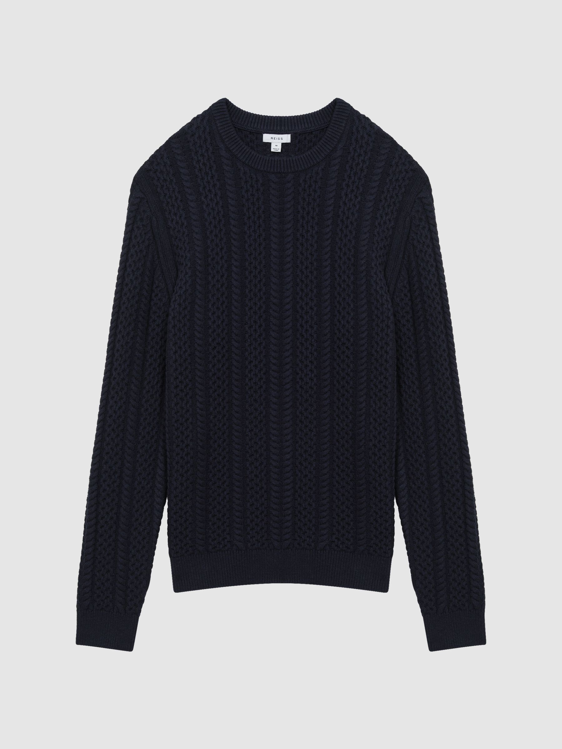 Slim Fit Wool-Cotton Cable Knit Jumper in Navy - Image 2 of 5