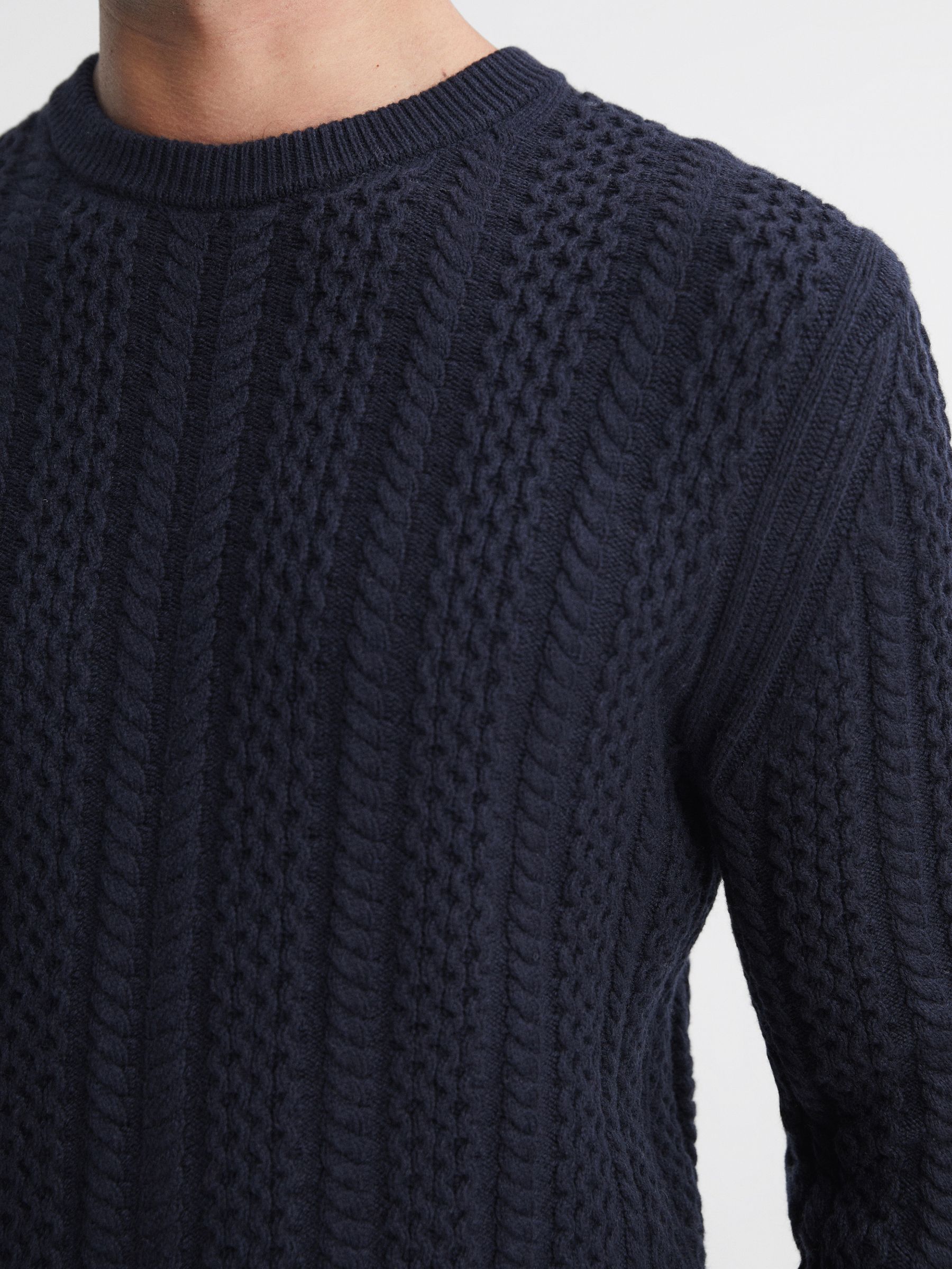 Slim Fit Wool-Cotton Cable Knit Jumper in Navy - Image 4 of 5
