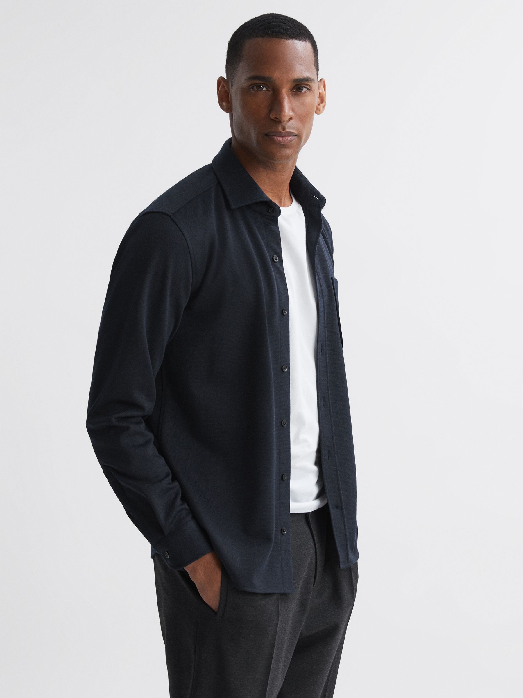 Textured Button-Through Overshirt in Navy - Image 1 of 5